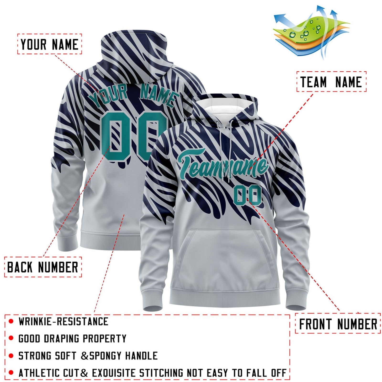 Custom Navy Silver Leopard Print Pullover Sweatshirt Hoodie| KXKSHOP