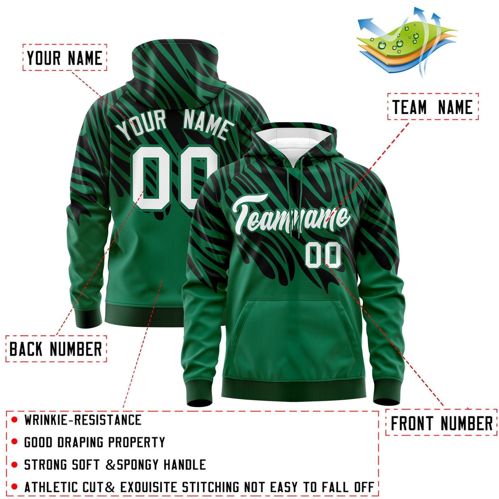 Custom Kelly Green Black Leopard Print Pullover Sweatshirt Hoodie| KXKSHOP