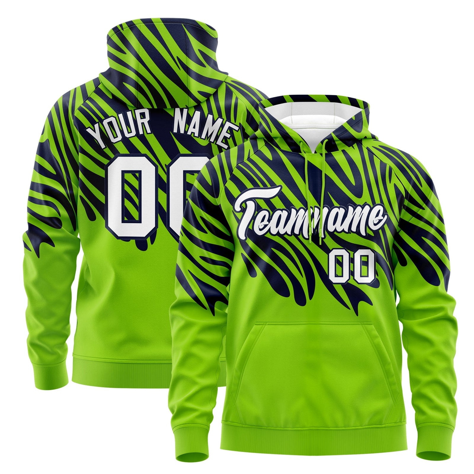 Custom Navy Neon Green Leopard Print Pullover Sweatshirt Hoodie| KXKSHOP
