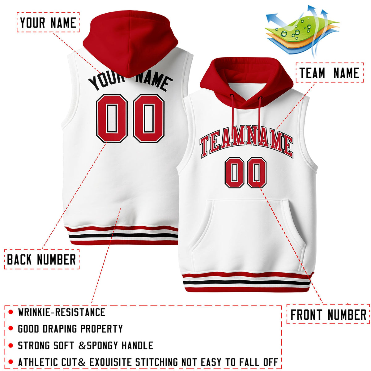 Custom White Red Black sleeveless Classic style Hoodie| KXKSHOP