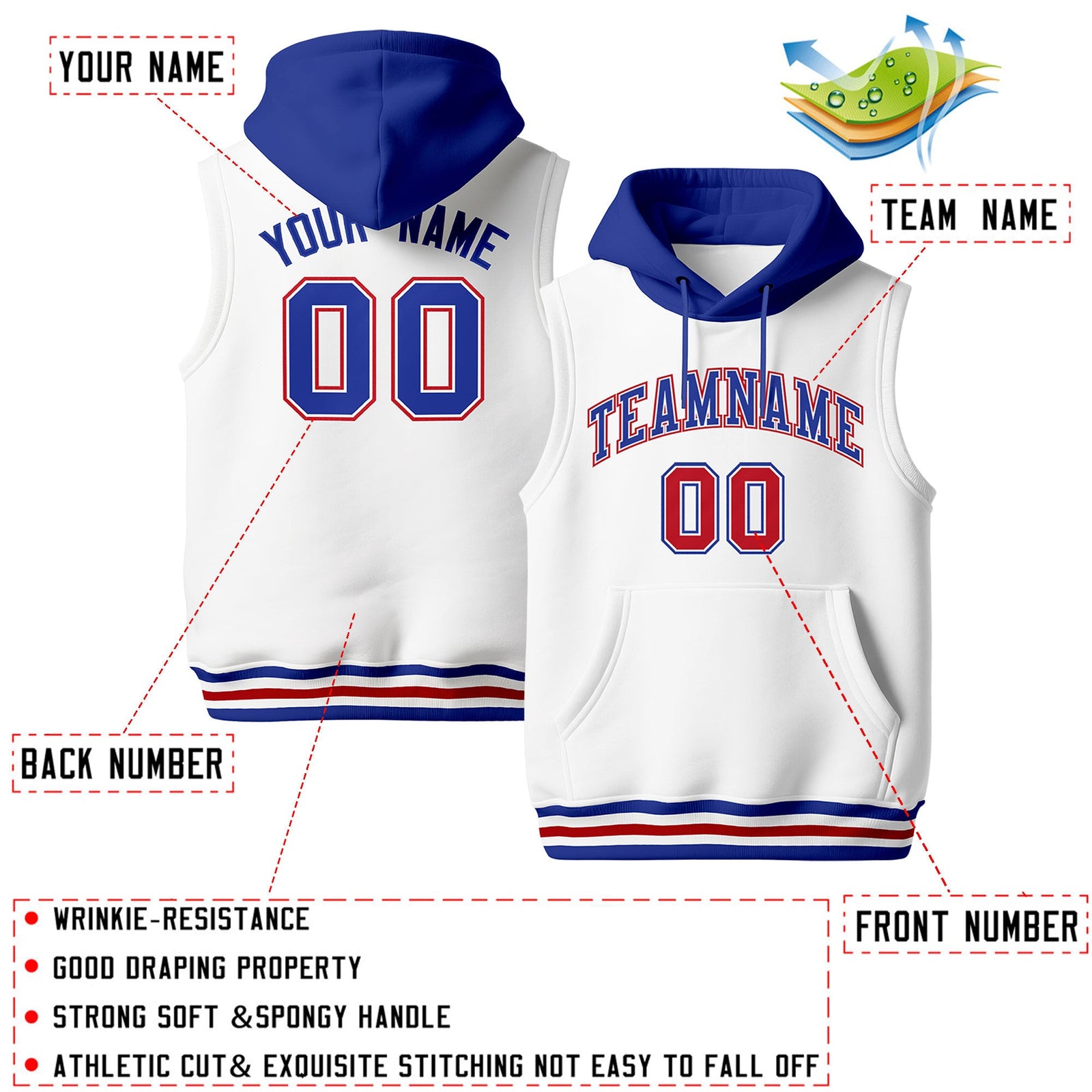 Custom White Royal Blue Red sleeveless Classic style Hoodie| KXKSHOP