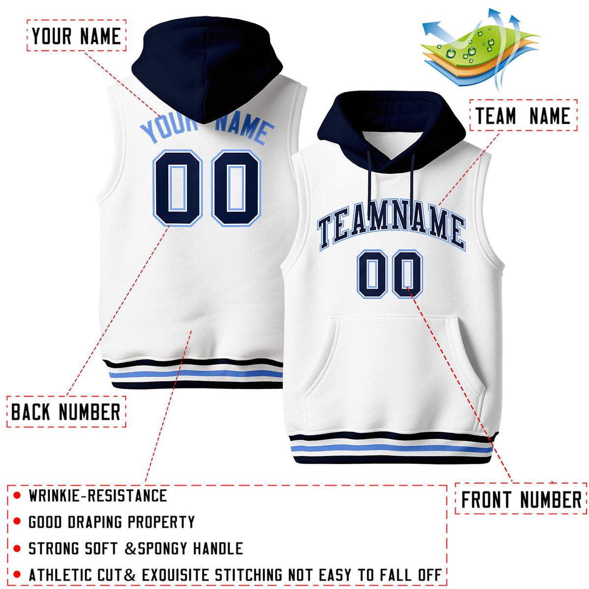 Custom White Navy Powder Blue sleeveless Classic style Hoodie| KXKSHOP