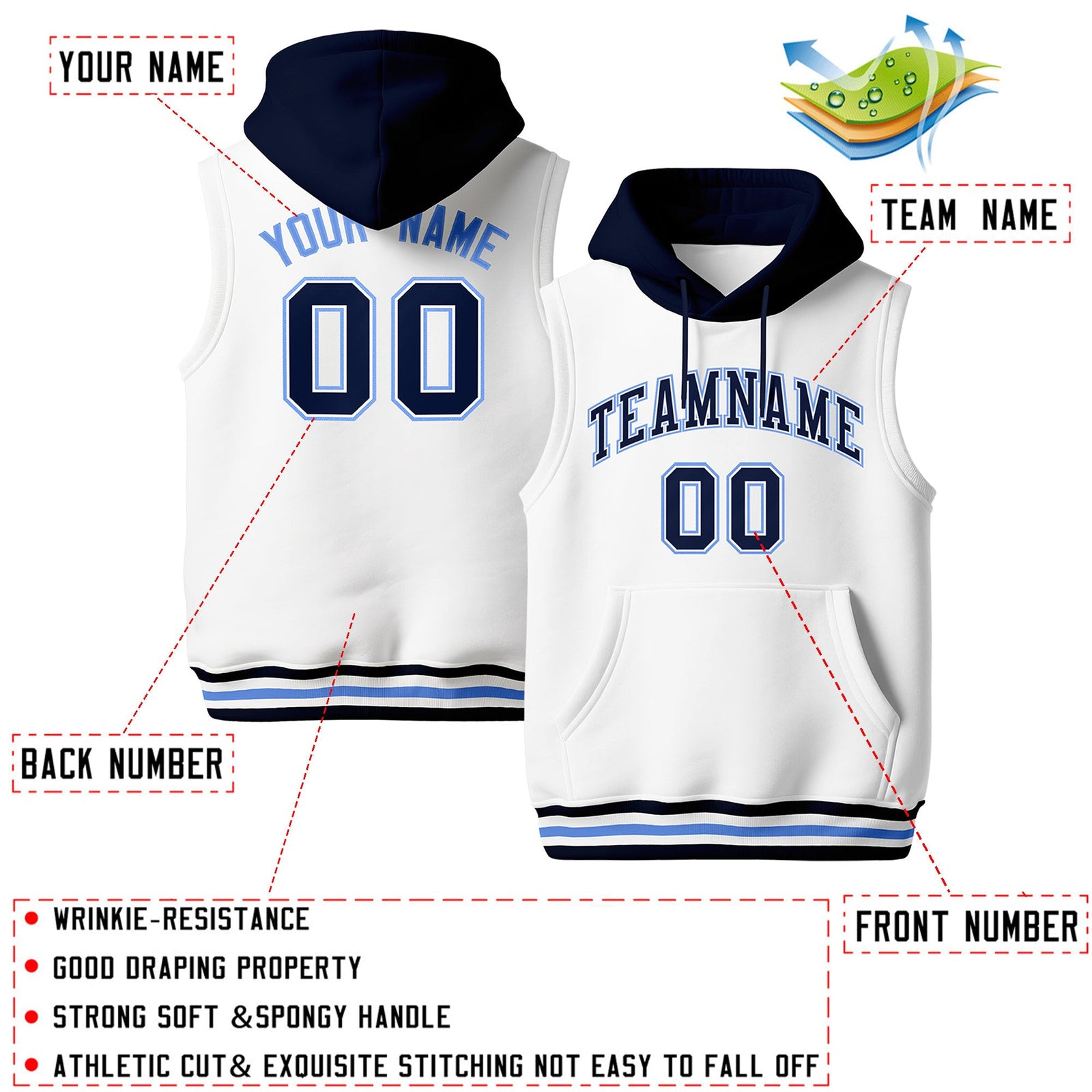 Custom White Navy Powder Blue sleeveless Classic style Hoodie| KXKSHOP