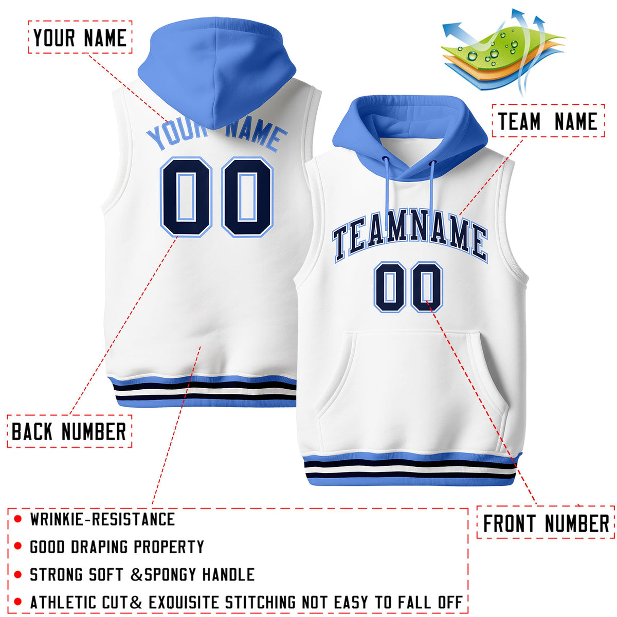 Custom White Powder Blue Navy sleeveless Classic style Hoodie| KXKSHOP