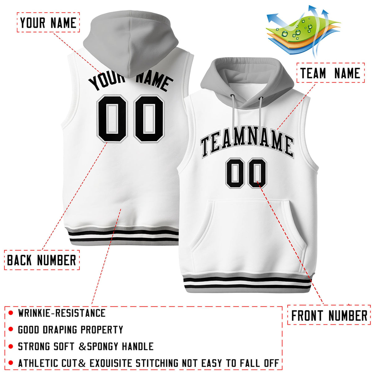 Custom White Gray Black sleeveless Classic style Hoodie| KXKSHOP