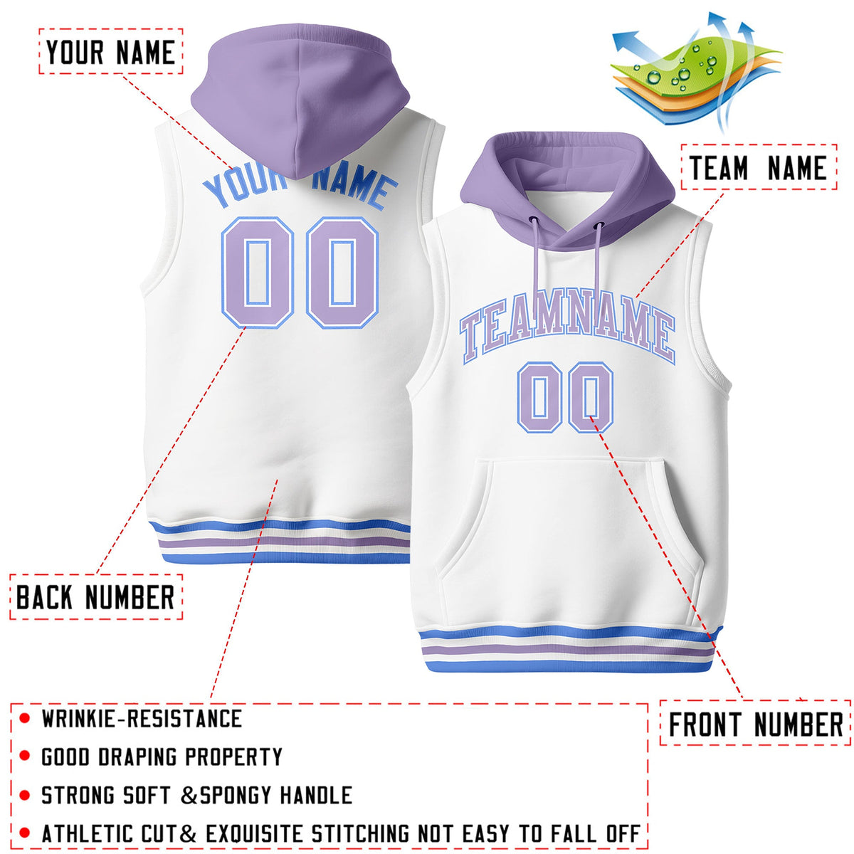 Custom White Light Purple Powder Blue sleeveless Classic style Hoodie| KXKSHOP