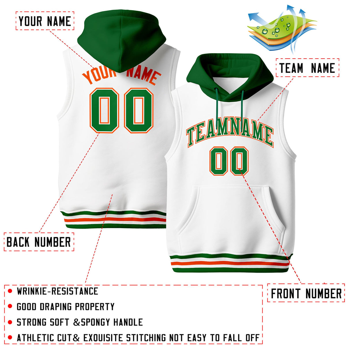 Custom White Kelly Green Orange sleeveless Classic style Hoodie| KXKSHOP