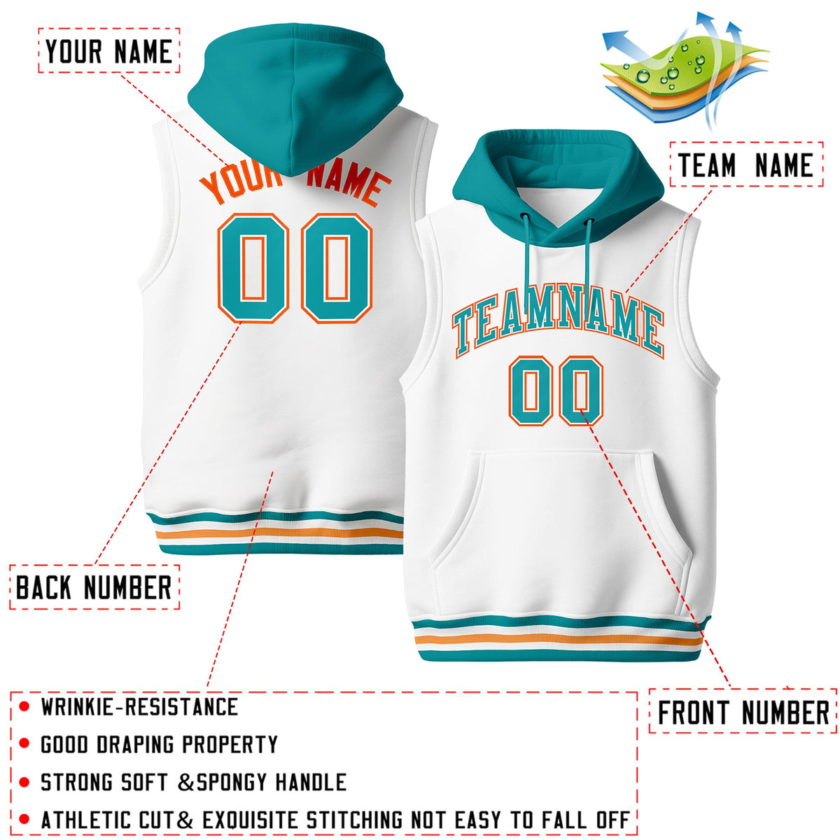 Custom White Aqua Gold Orange sleeveless Classic style Hoodie| KXKSHOP
