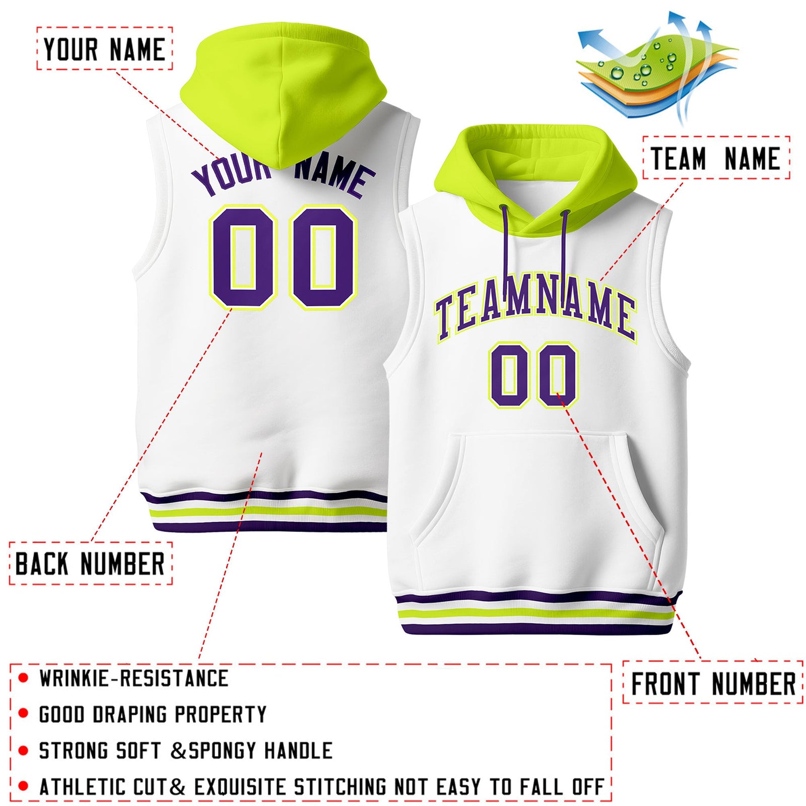 Custom White Fluorescent Green Purple sleeveless Classic style Hoodie| KXKSHOP