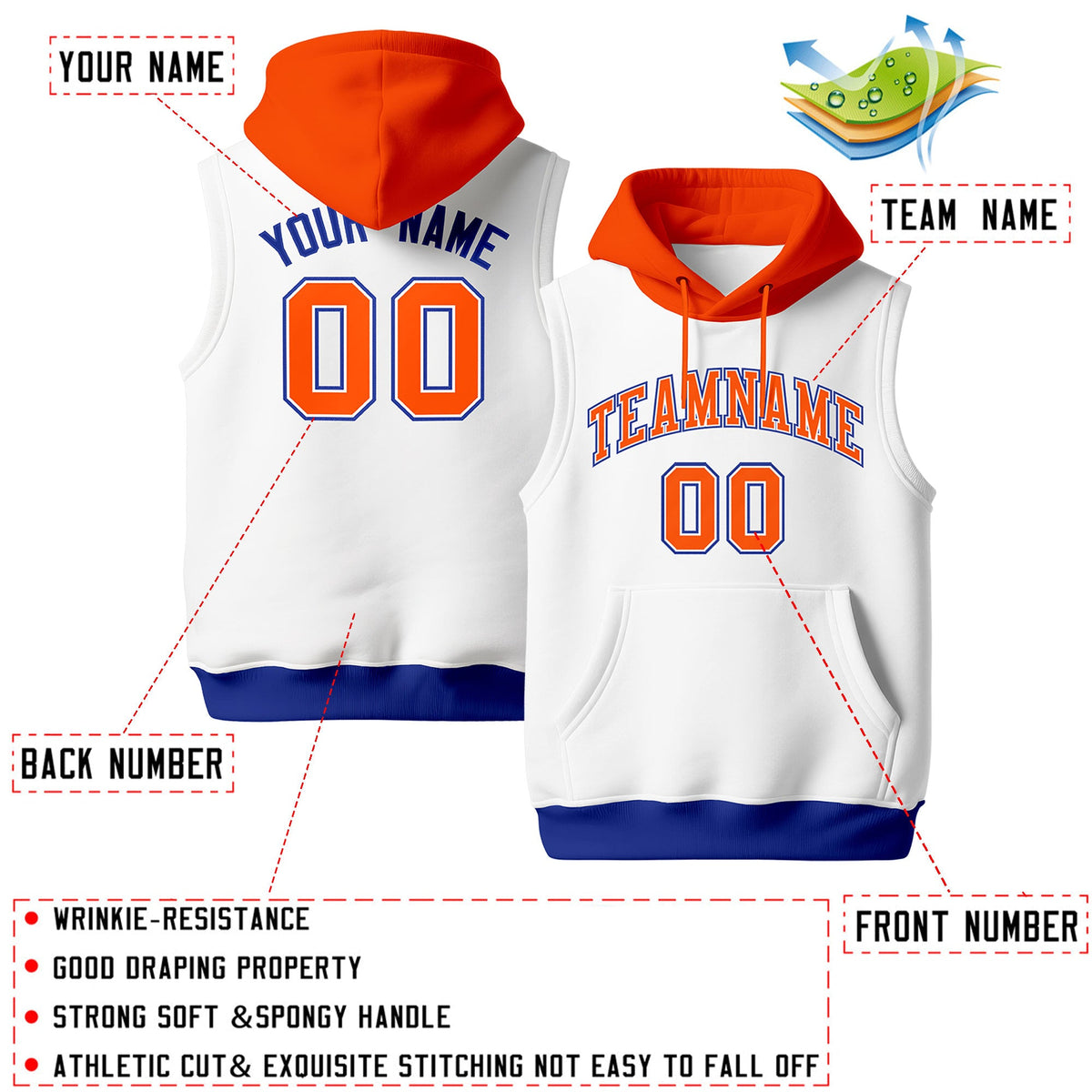 Custom White Orange Royal Blue sleeveless Classic style Hoodie| KXKSHOP