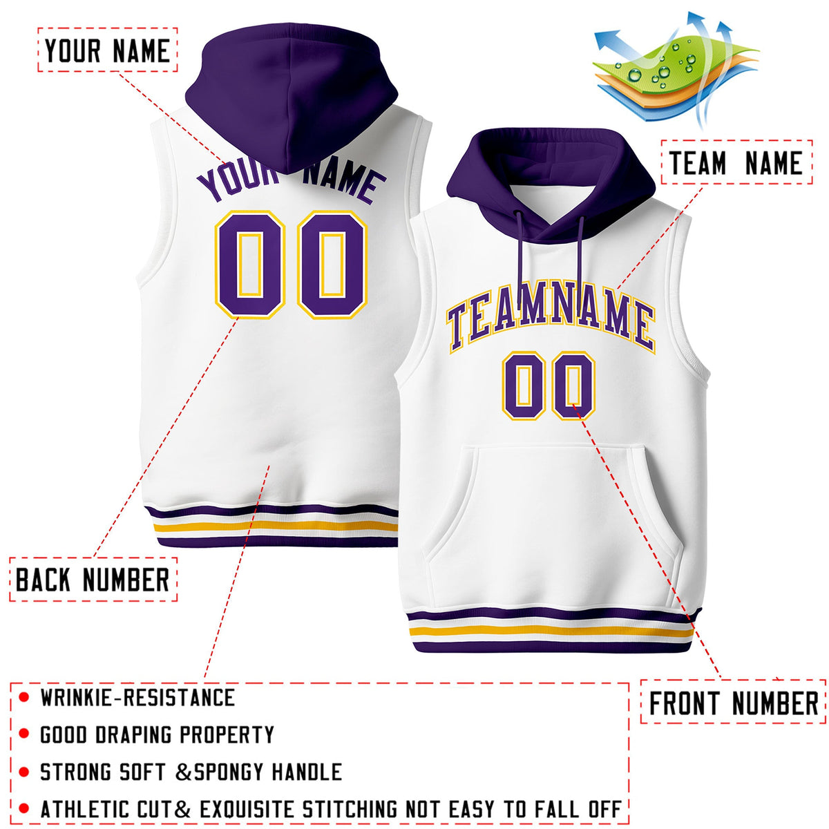 Custom White Purple Gold sleeveless Classic style Hoodie| KXKSHOP