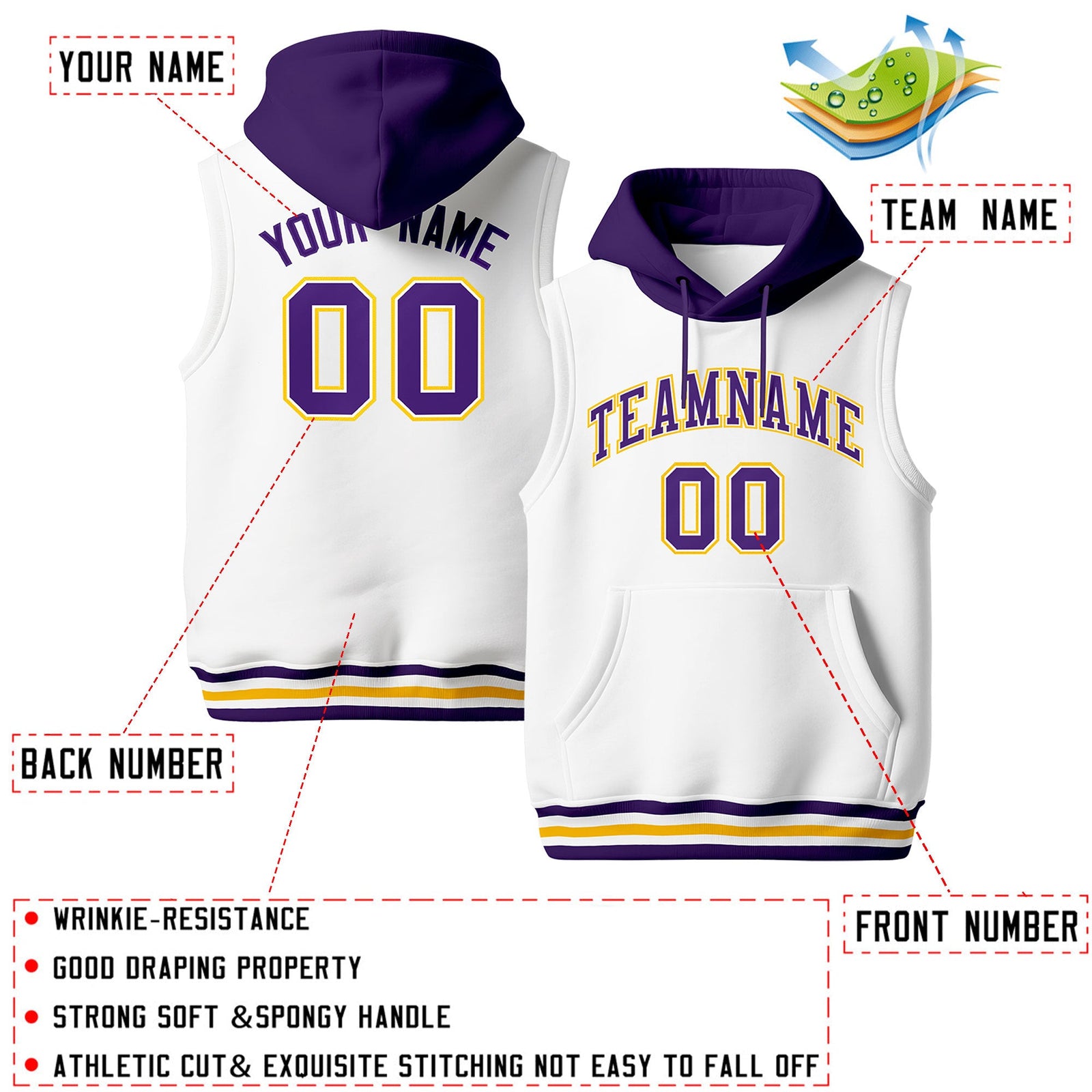 Custom White Purple Gold sleeveless Classic style Hoodie| KXKSHOP