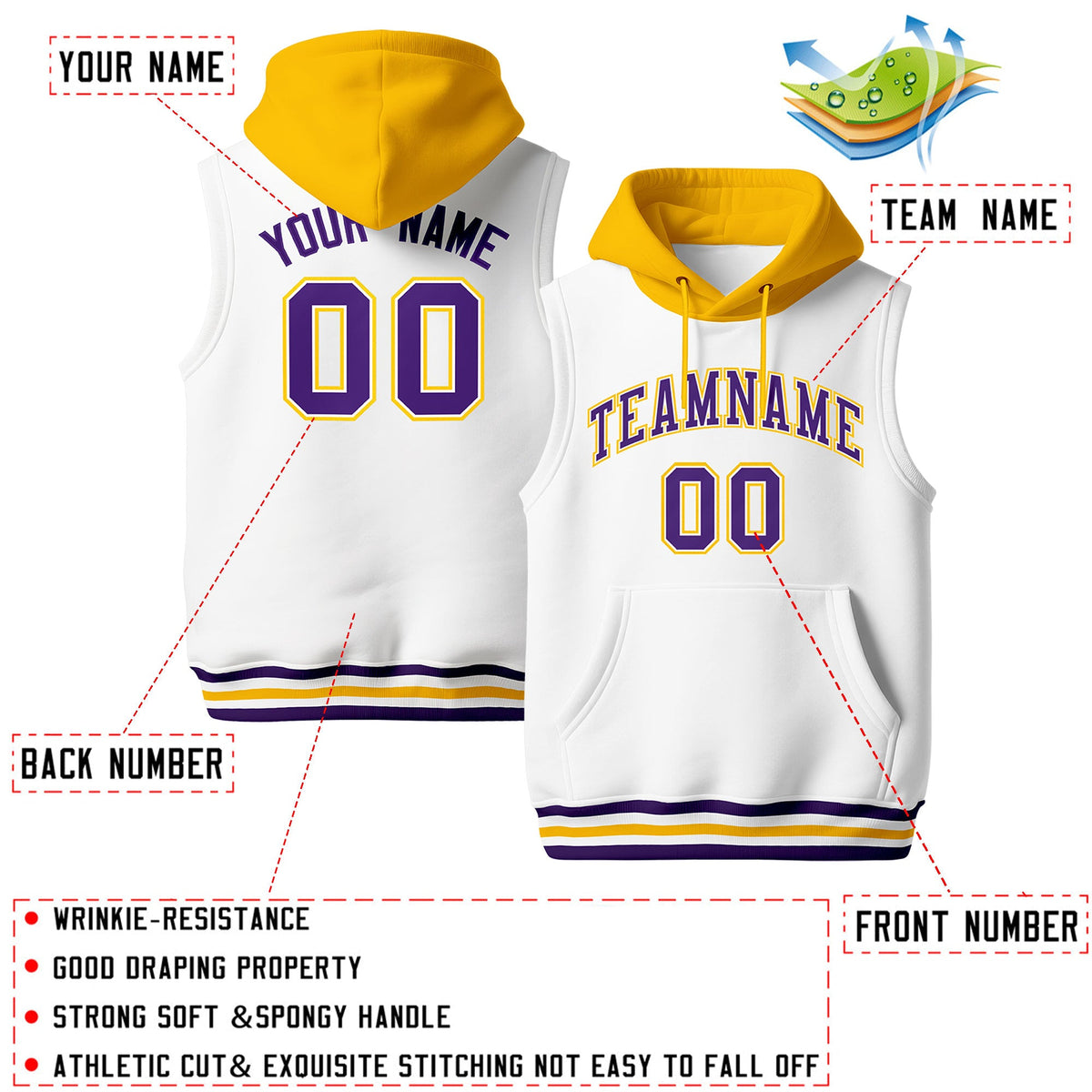 Custom White Gold Purple sleeveless Classic style Hoodie| KXKSHOP