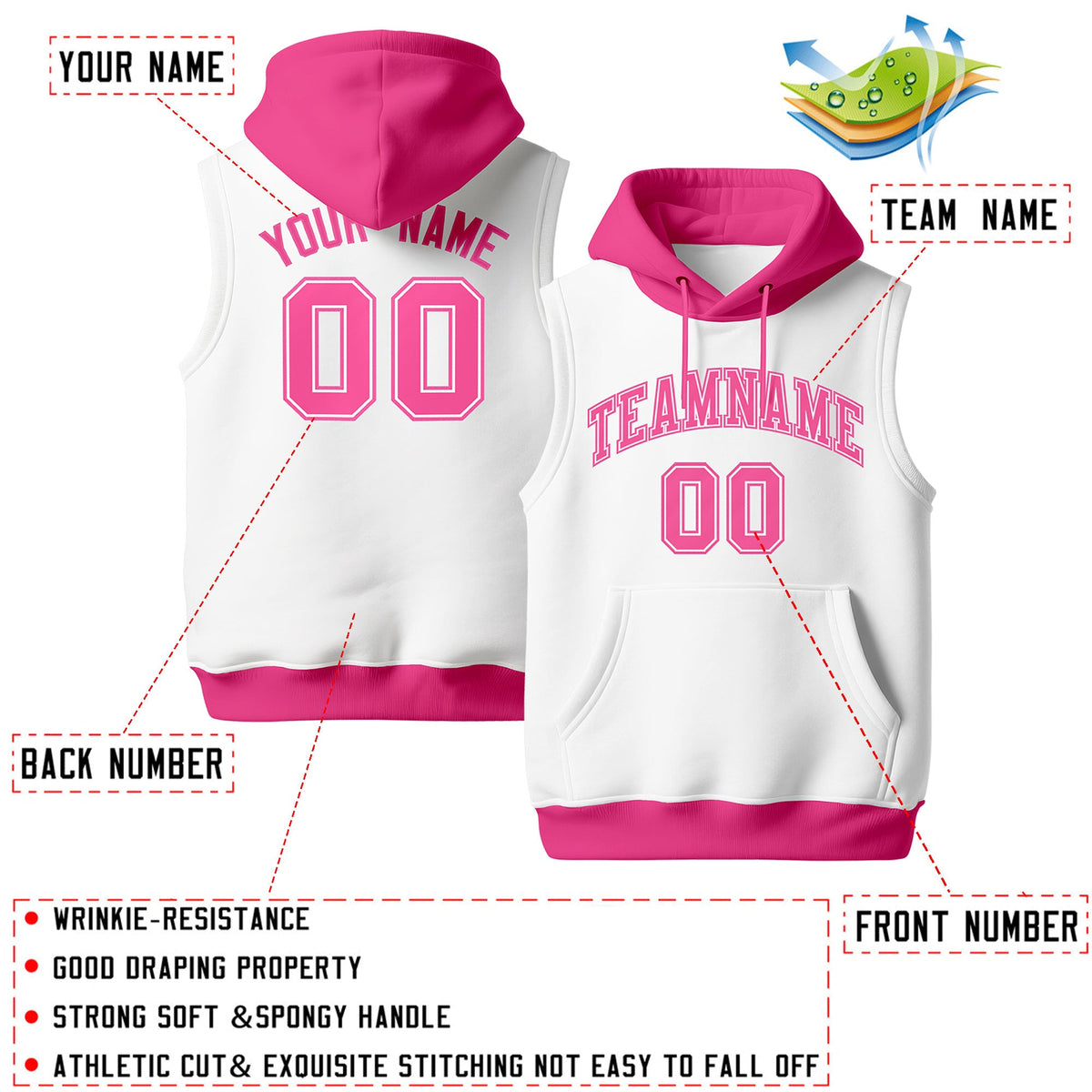 Custom White Pink sleeveless Classic style Hoodie| KXKSHOP