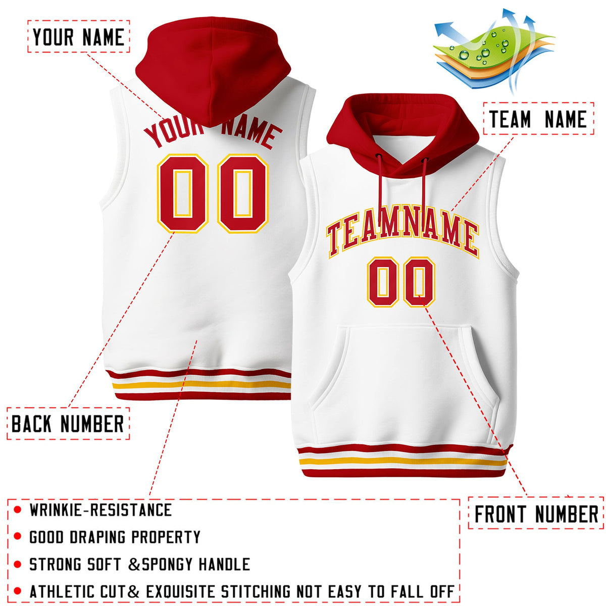 Custom White Red Gold sleeveless Classic style Hoodie| KXKSHOP