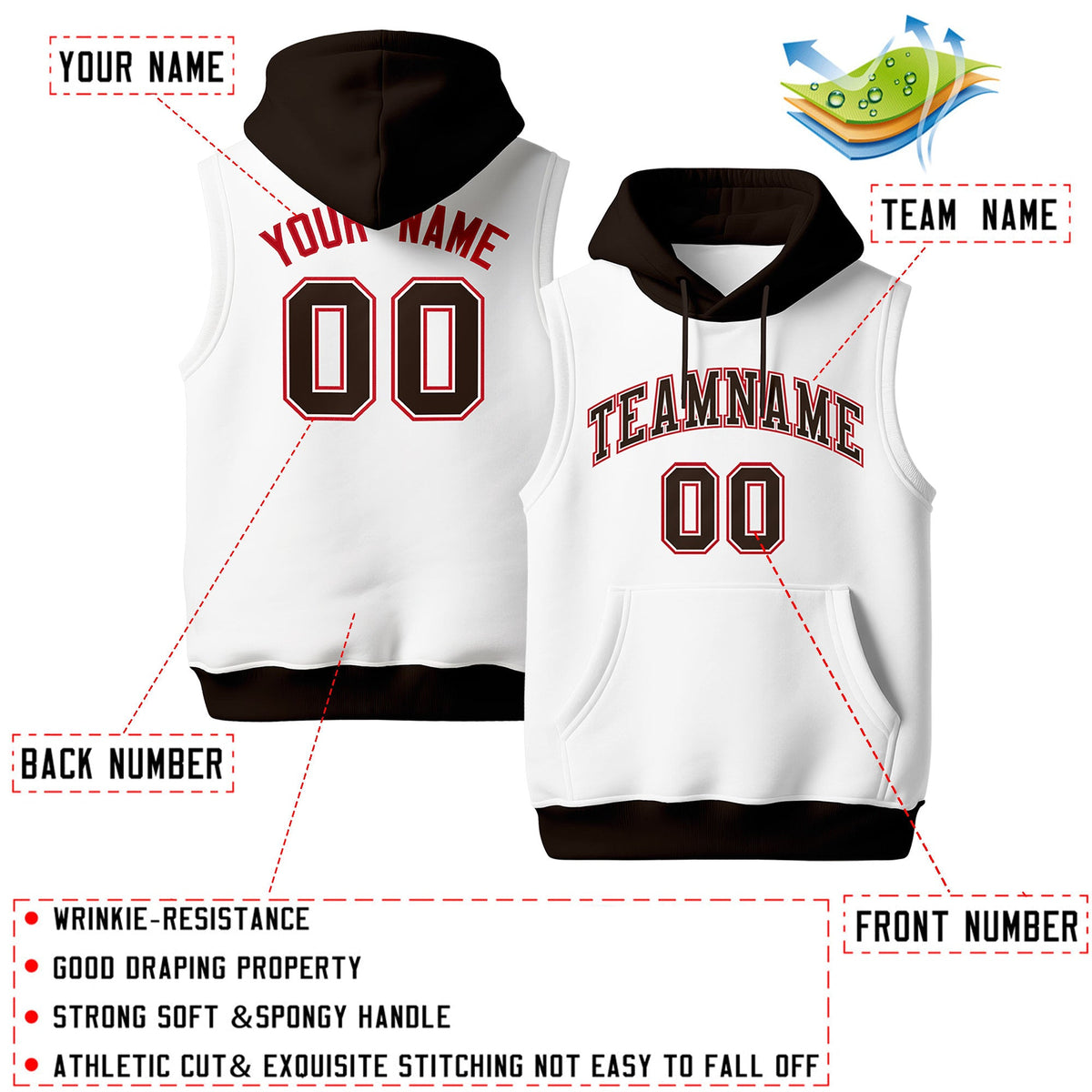 Custom White Brown Red sleeveless Classic style Hoodie| KXKSHOP