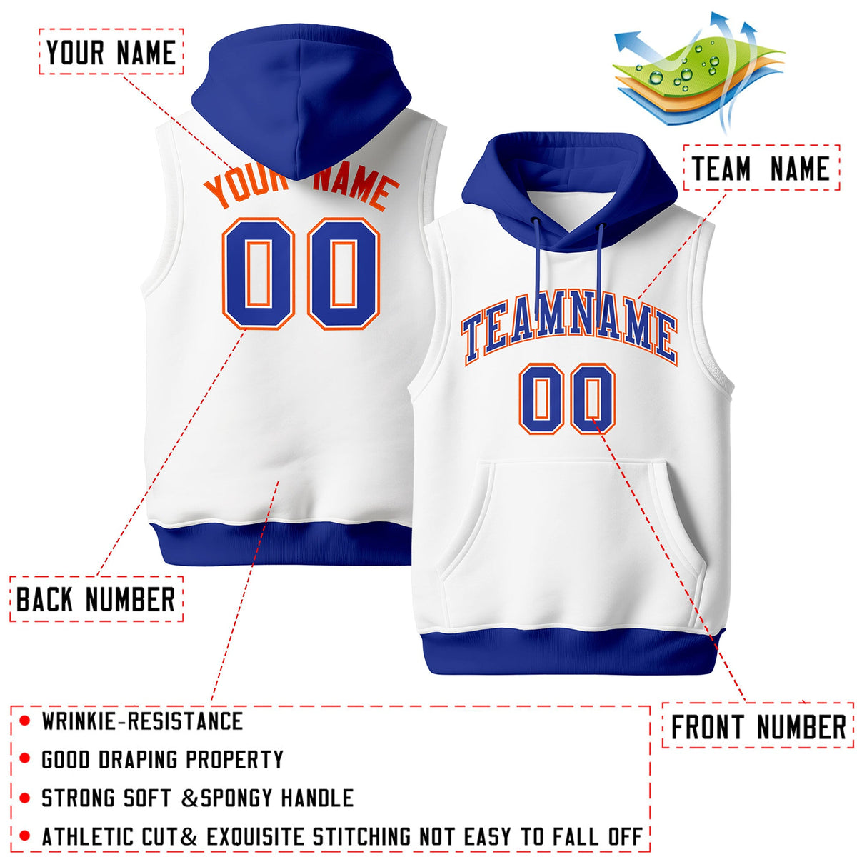 Custom White Royal Blue Orange sleeveless Classic style Hoodie| KXKSHOP