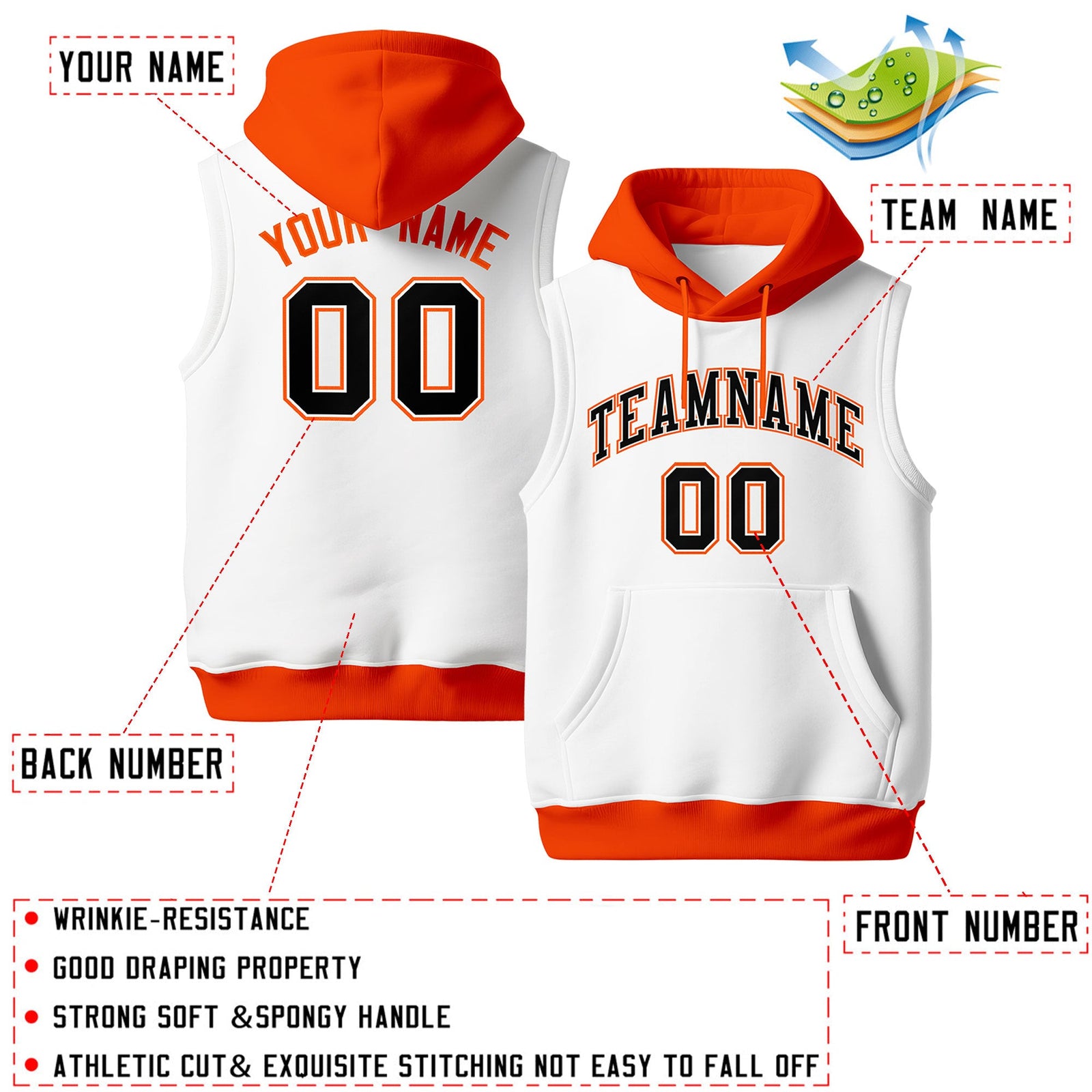 Custom White Orange Black sleeveless Classic style Hoodie| KXKSHOP