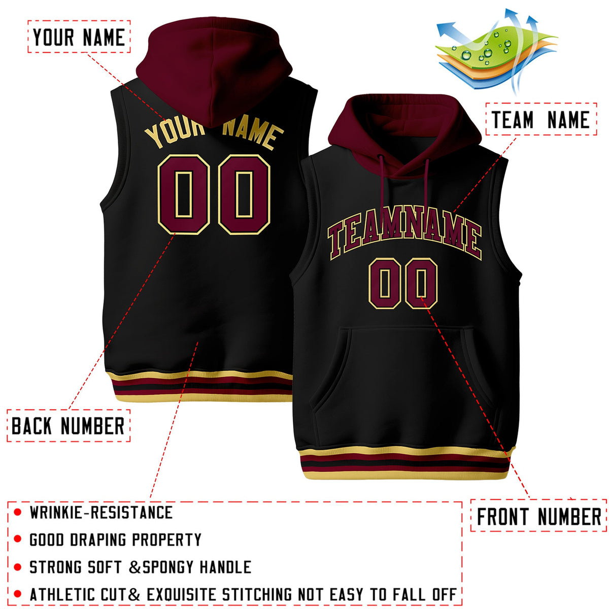 Custom Black Crimson Khaki sleeveless Classic style Hoodie| KXKSHOP