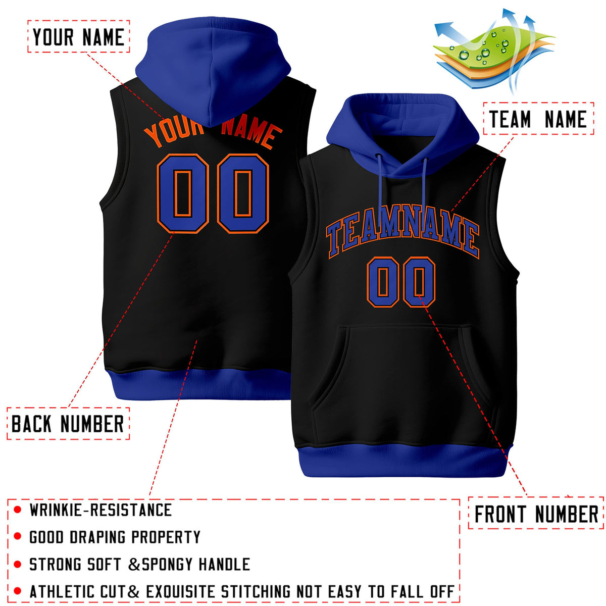 Custom Black Royal Blue Orange sleeveless Classic style Hoodie| KXKSHOP