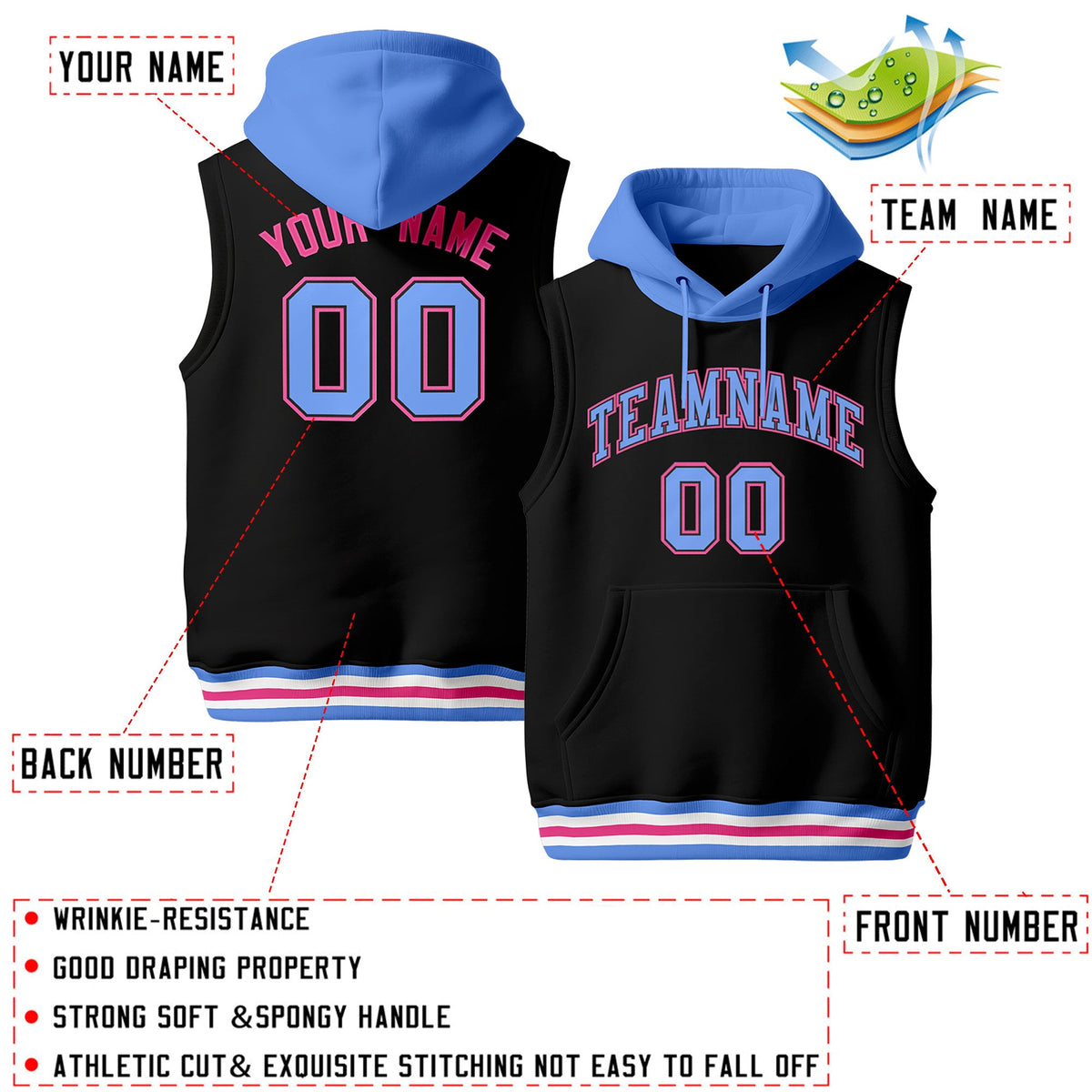 Custom Black Powder Blue White sleeveless Classic style Hoodie| KXKSHOP