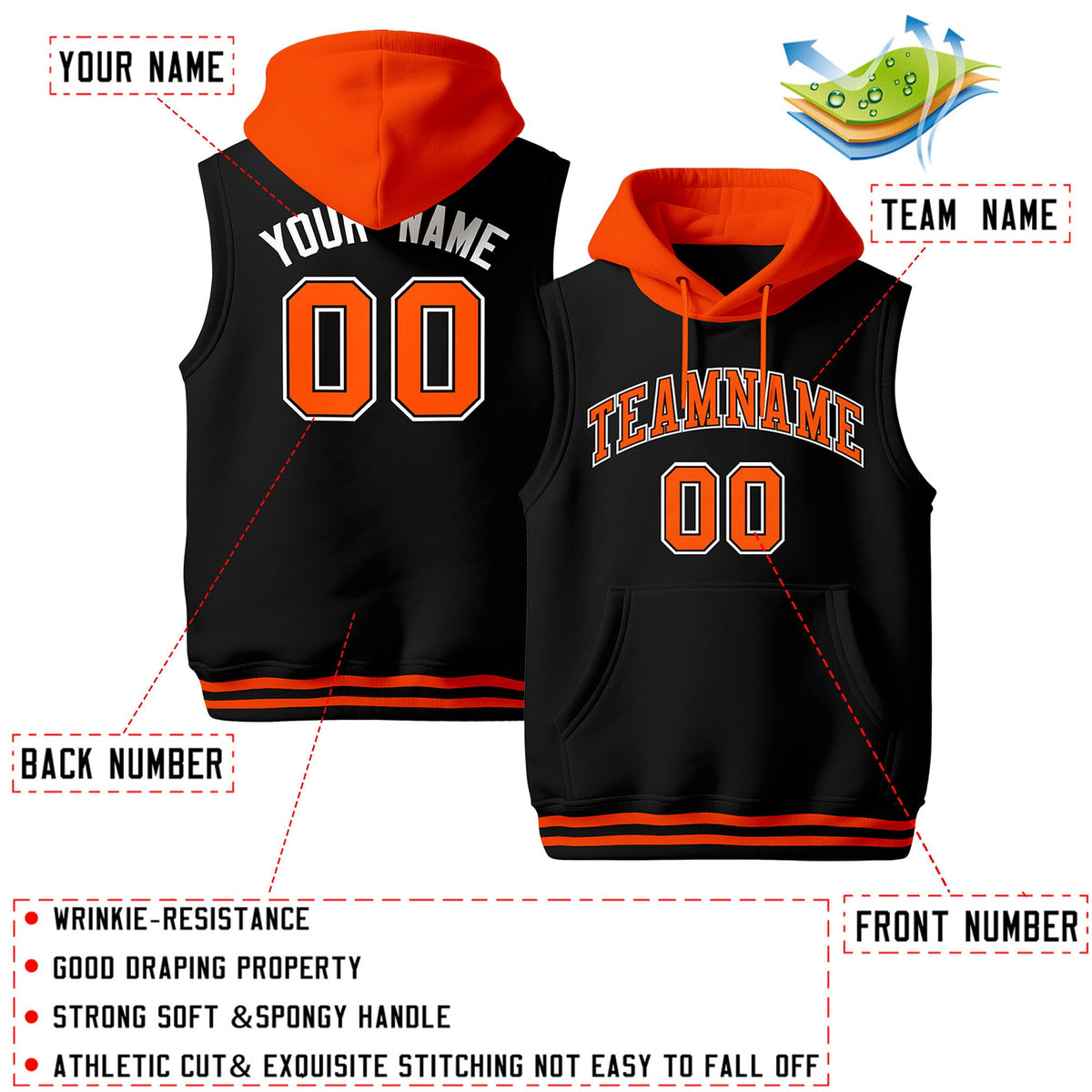 Custom Black Orange White sleeveless Classic style Hoodie| KXKSHOP