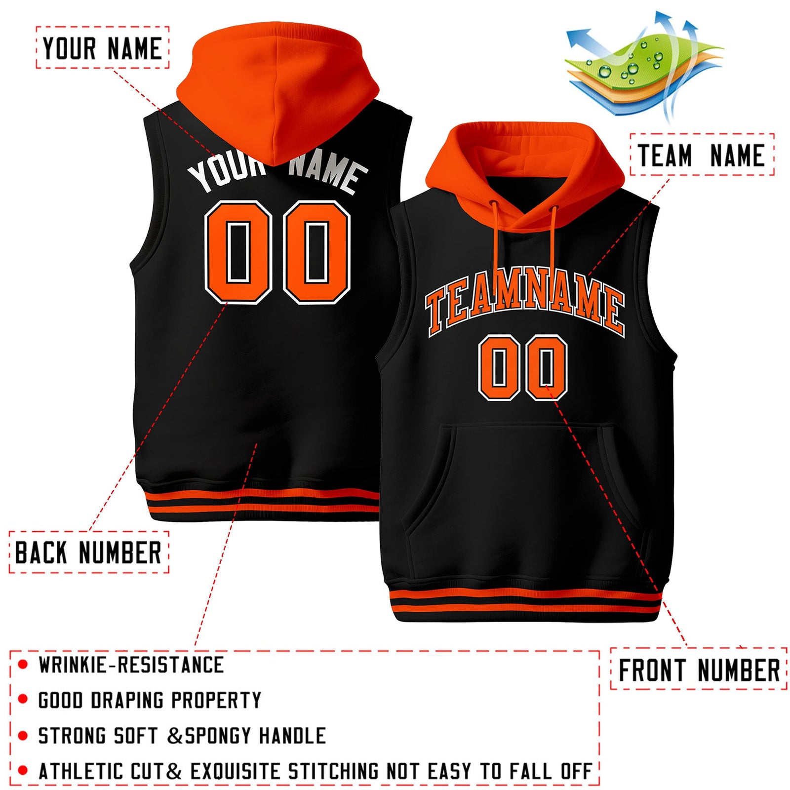 Custom Black Orange White sleeveless Classic style Hoodie| KXKSHOP
