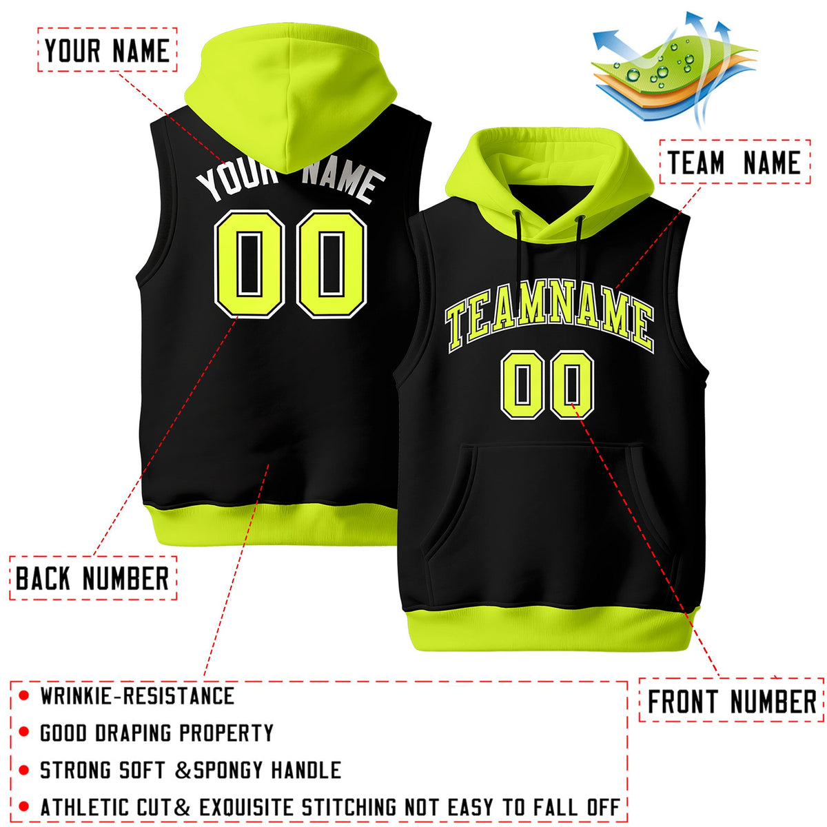 Custom Black Fluorescent Green Neon Green sleeveless Classic style Hoodie| KXKSHOP