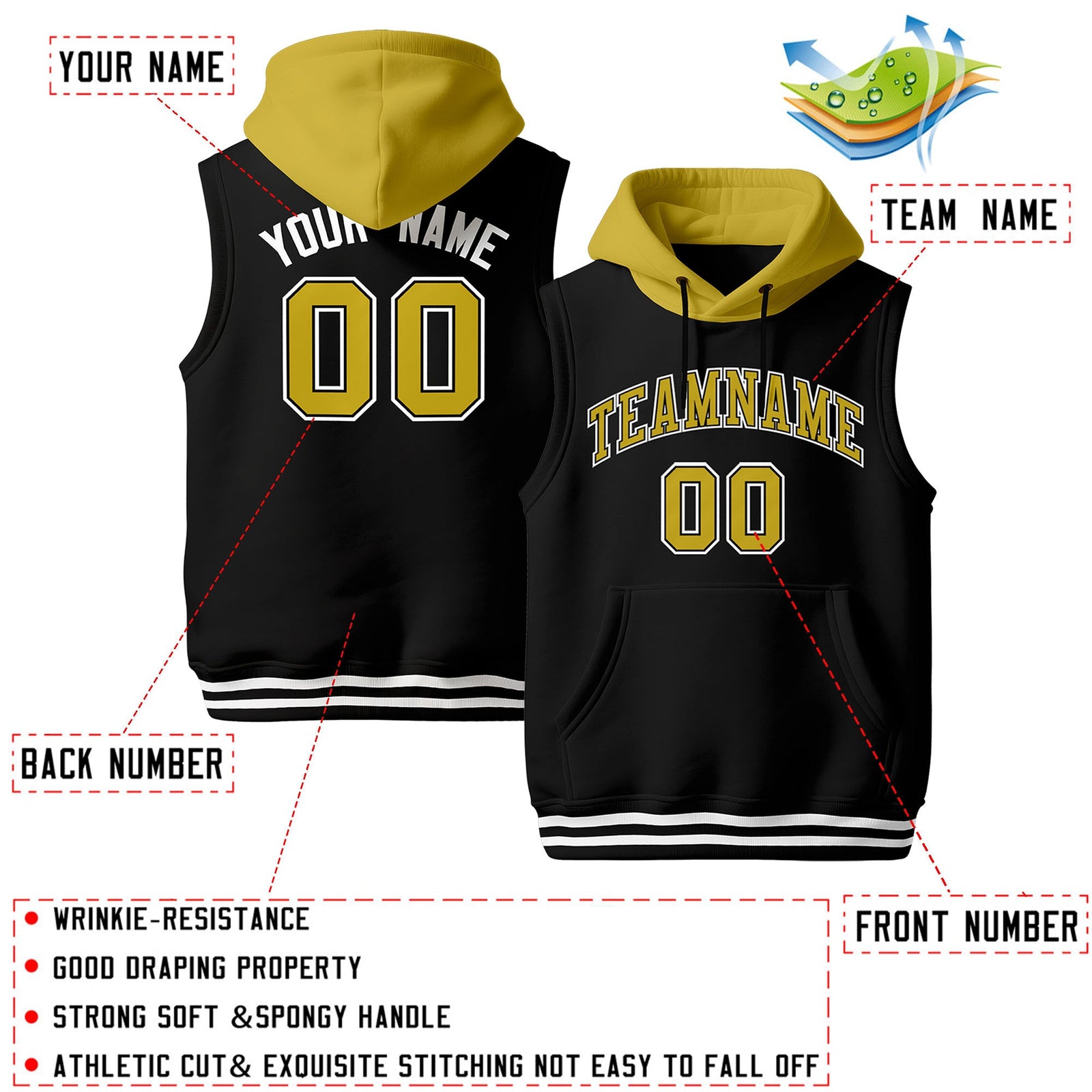 Custom Black Old Gold White sleeveless Classic style Hoodie| KXKSHOP