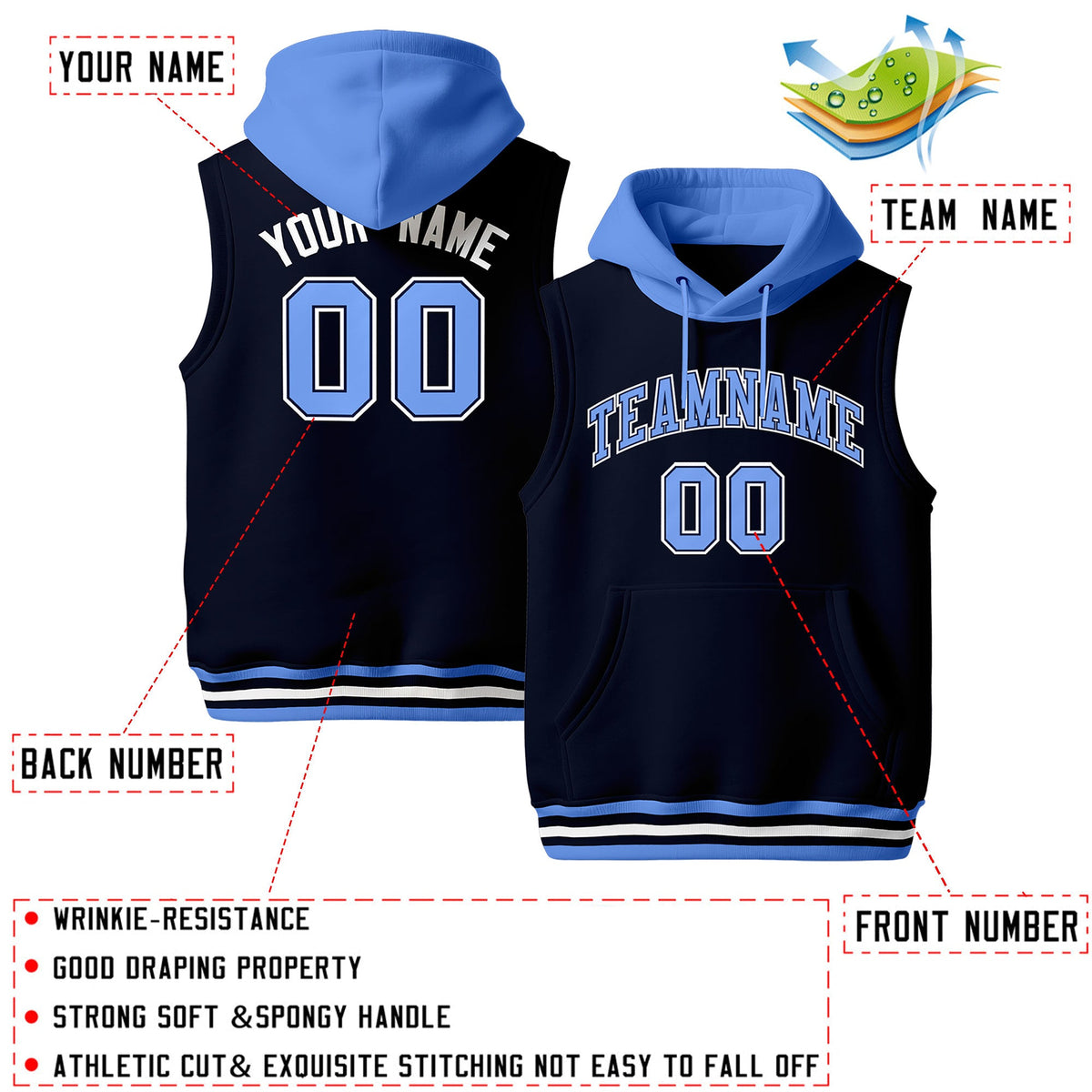 Custom Navy White Powder Blue sleeveless Classic style Hoodie| KXKSHOP