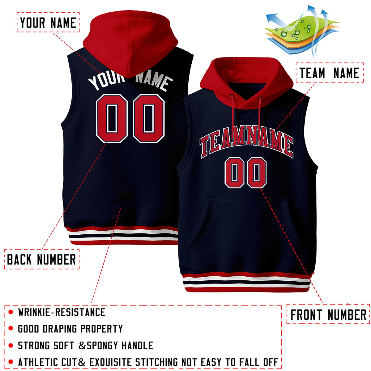 Custom Navy Red White sleeveless Classic style Hoodie| KXKSHOP