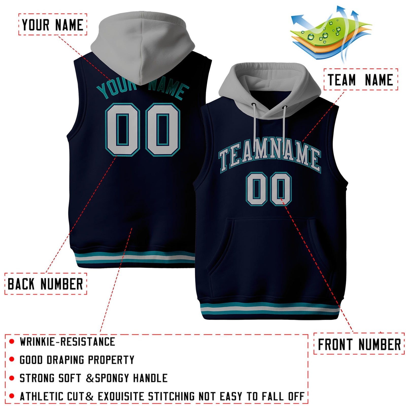 Custom Navy Gray Teal sleeveless Classic style Hoodie| KXKSHOP