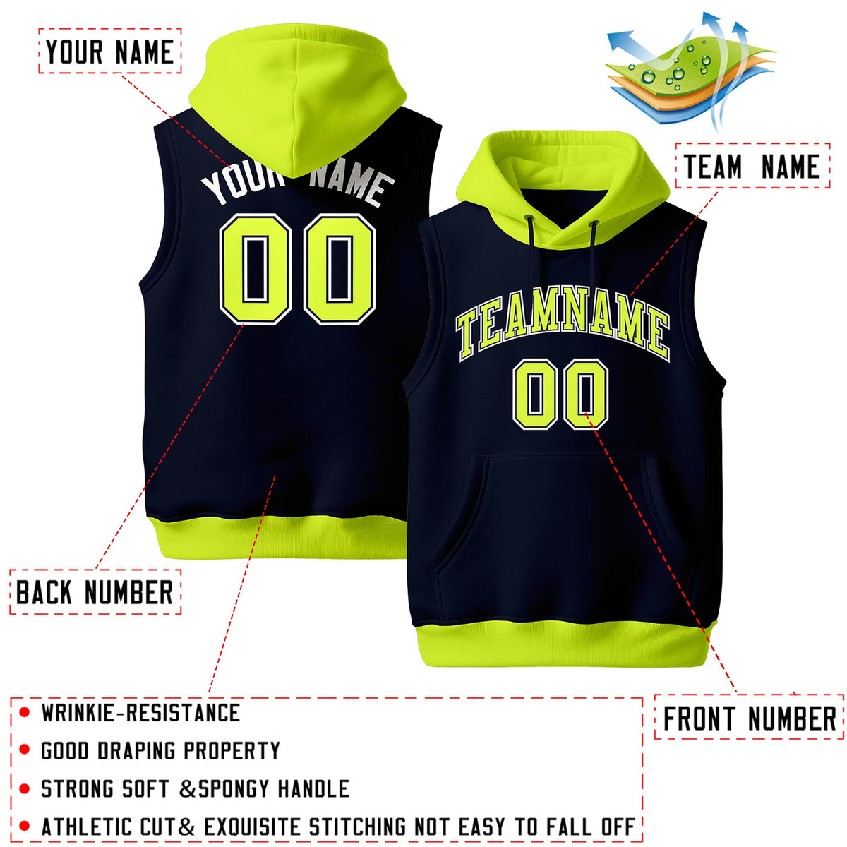 Custom Navy Fluorescent Green Neon Green sleeveless Classic style Hoodie| KXKSHOP