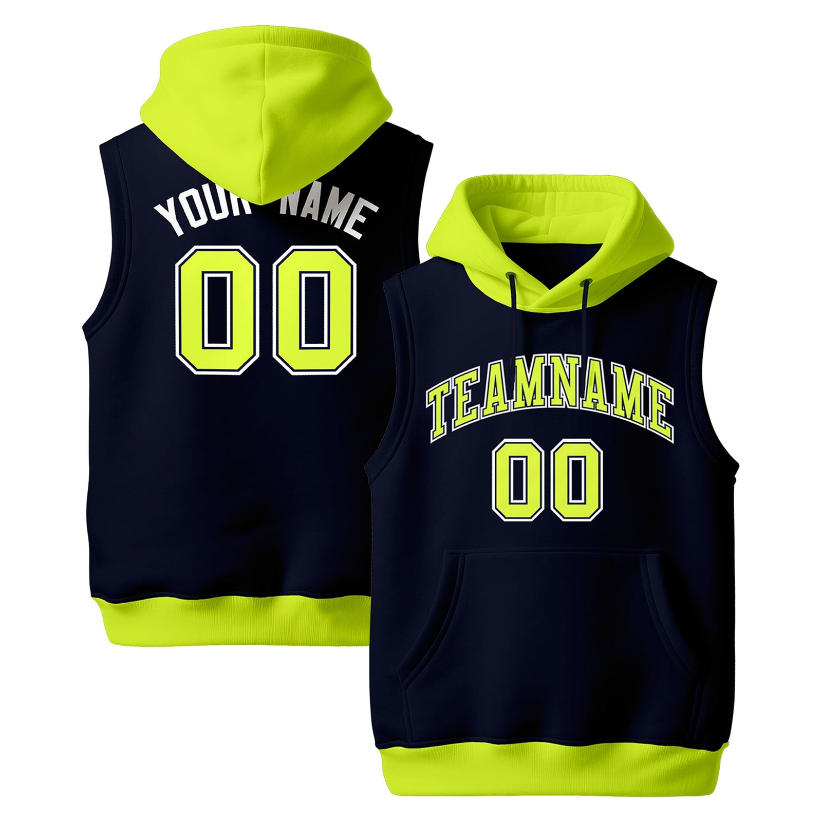 Custom Navy Fluorescent Green Neon Green sleeveless Classic style Hoodie| KXKSHOP