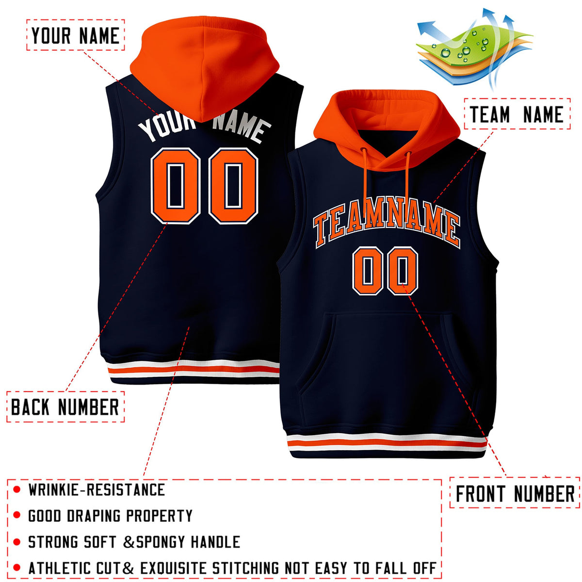 Custom Navy Orange White sleeveless Classic style Hoodie| KXKSHOP