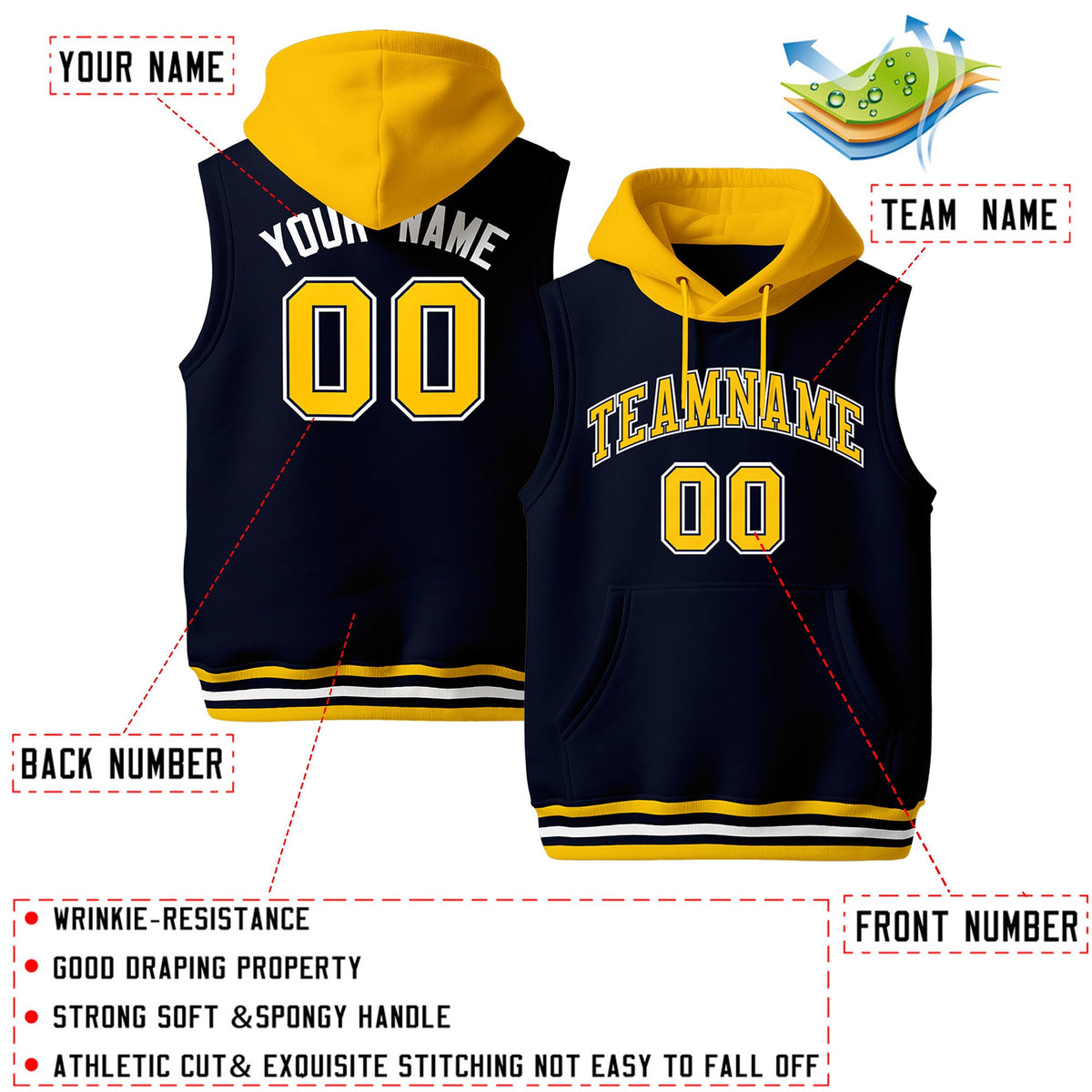 Custom Navy Gold White sleeveless Classic style Hoodie| KXKSHOP