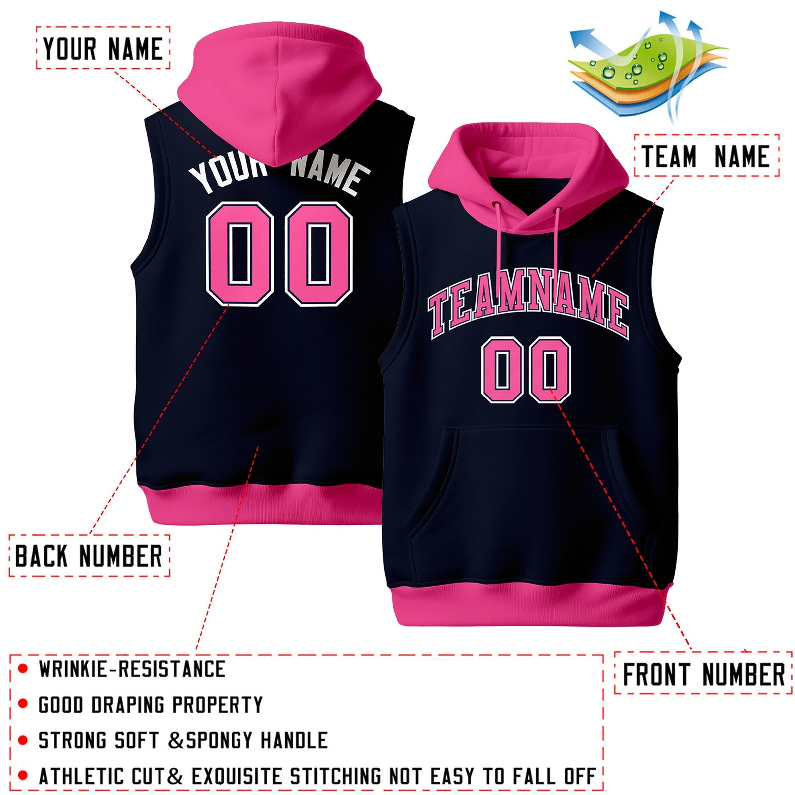 Custom Navy Pink White sleeveless Classic style Hoodie| KXKSHOP