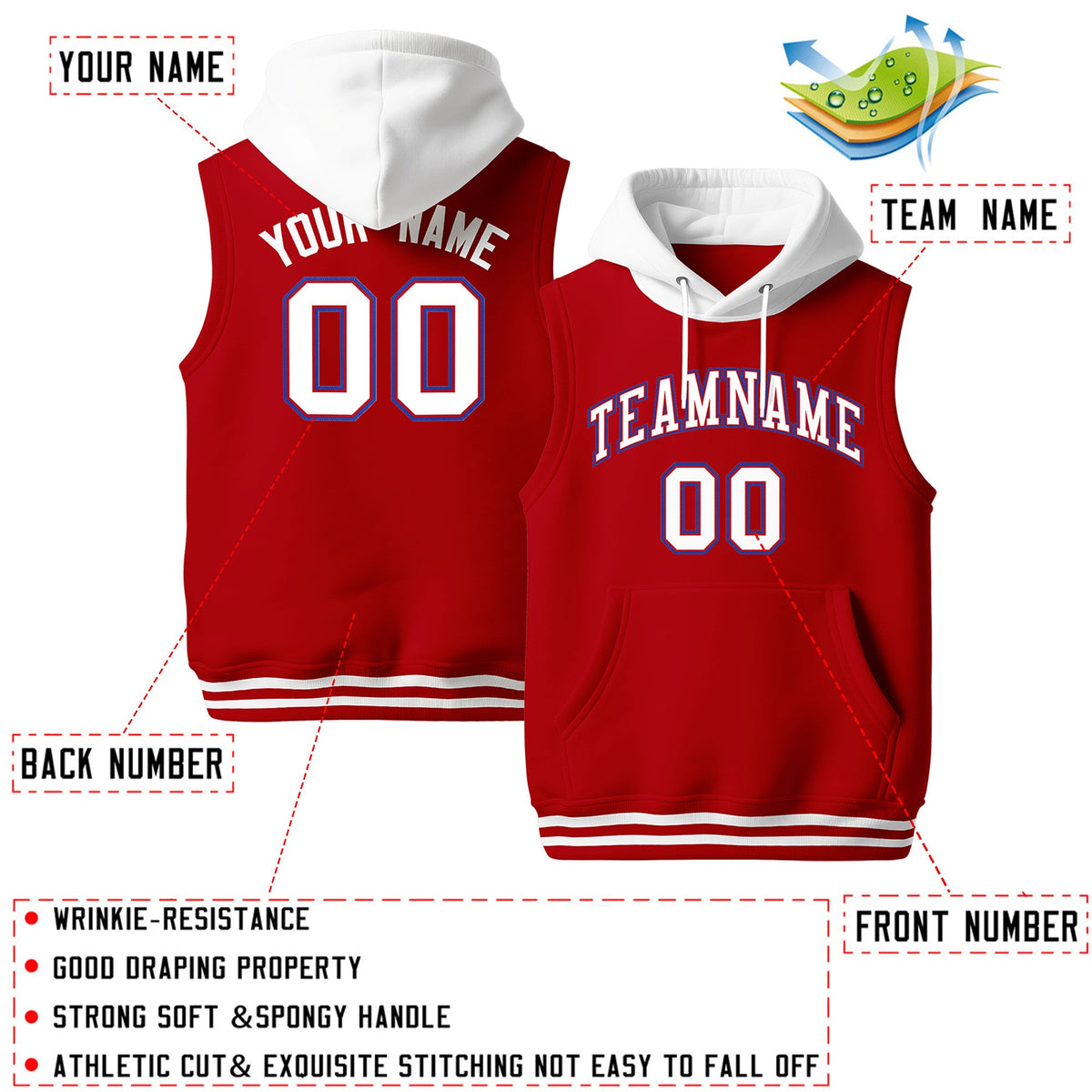 Custom Red White Royal Blue sleeveless Classic style Hoodie| KXKSHOP