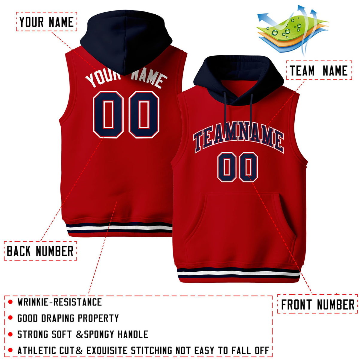 Custom Red Navy White sleeveless Classic style Hoodie| KXKSHOP