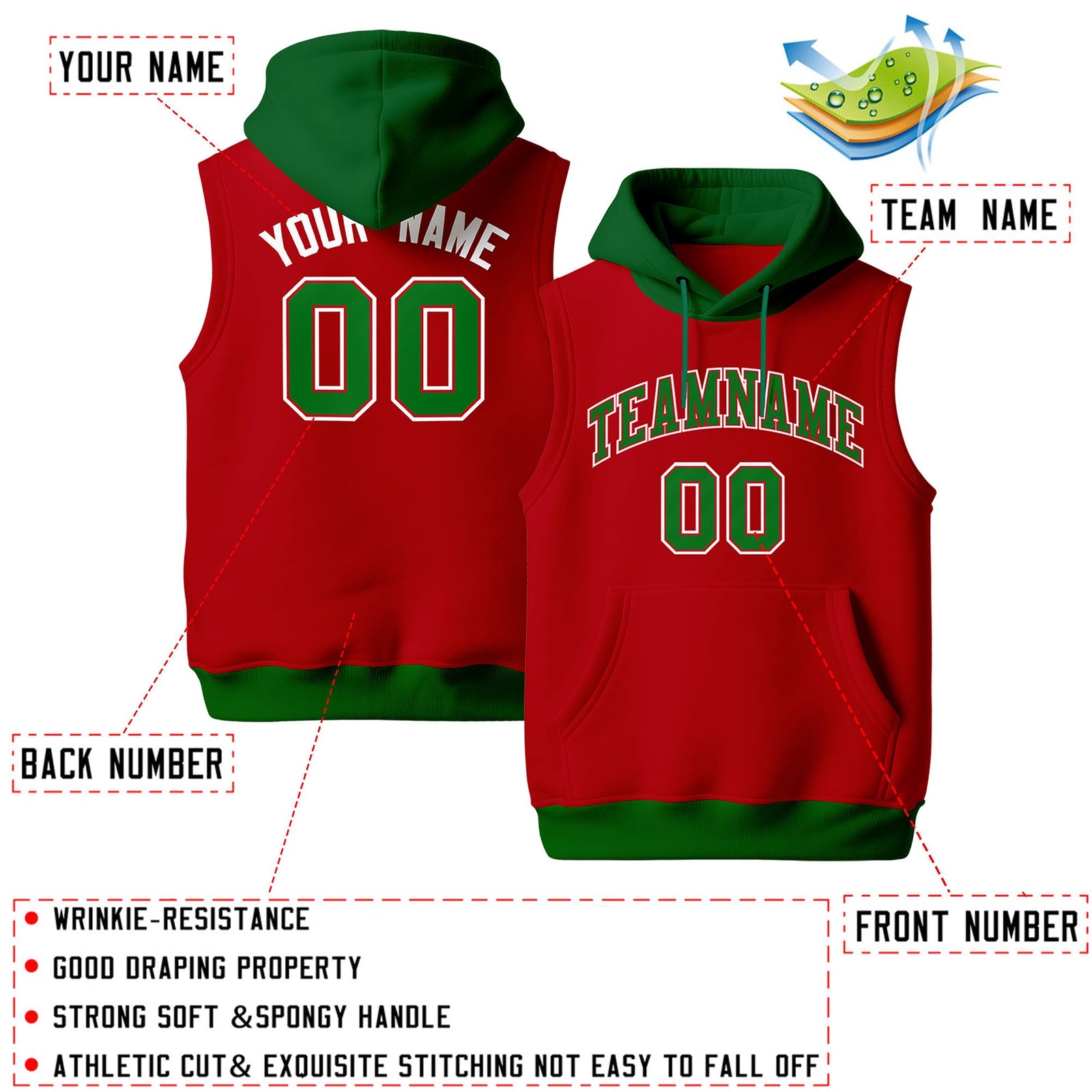 Custom Red Kelly Green White sleeveless Classic style Hoodie| KXKSHOP