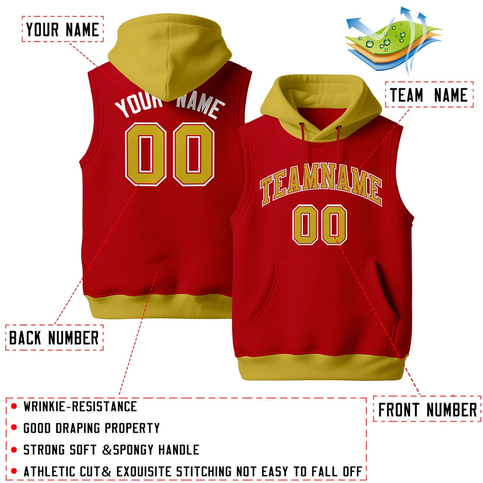 Custom Red Old Gold White sleeveless Classic style Hoodie| KXKSHOP