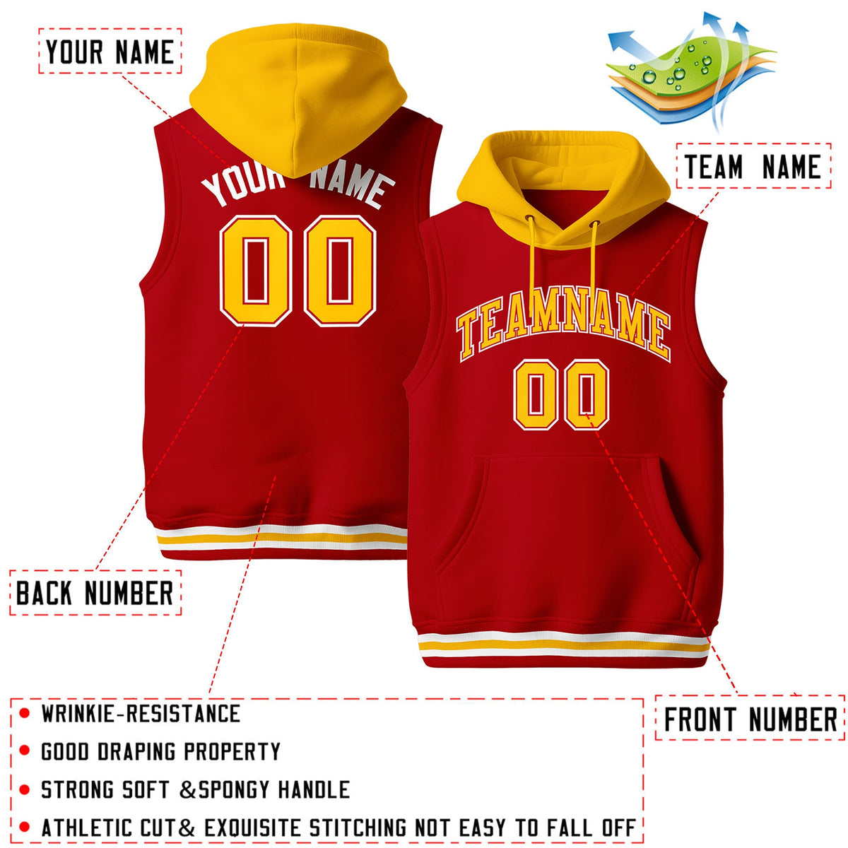Custom Red Gold White sleeveless Classic style Hoodie| KXKSHOP