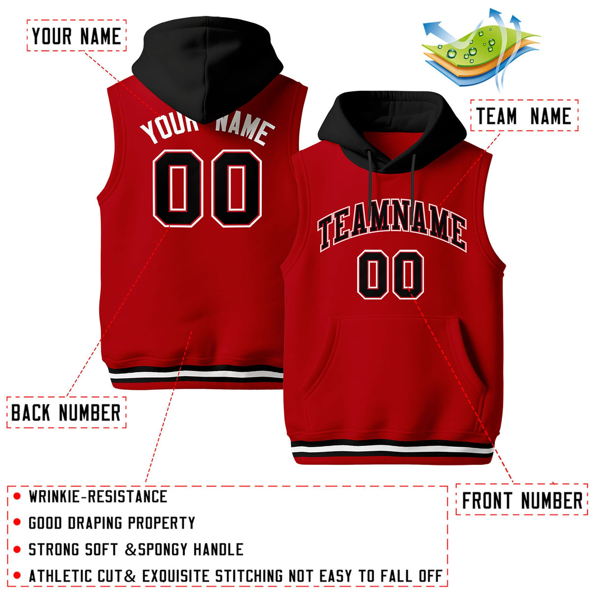 Custom Red Black White sleeveless Classic style Hoodie| KXKSHOP