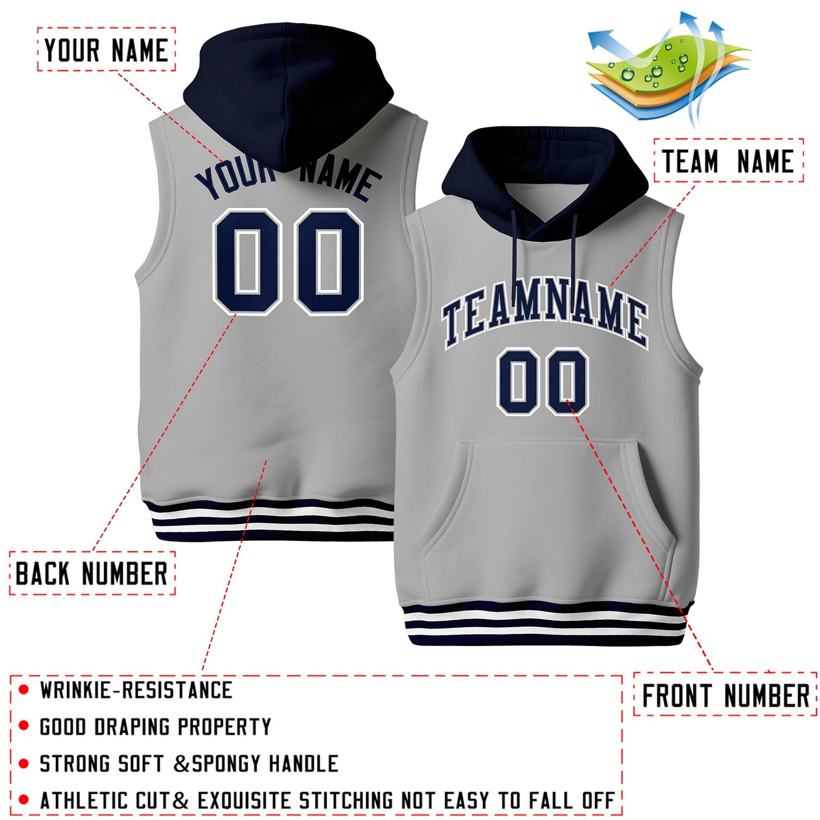 Custom Gray Navy White sleeveless Classic style Hoodie| KXKSHOP