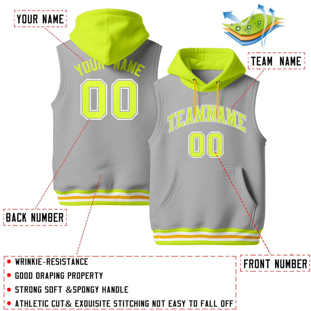 Custom Gray Fluorescent Green Neon Green sleeveless Classic style Hoodie| KXKSHOP