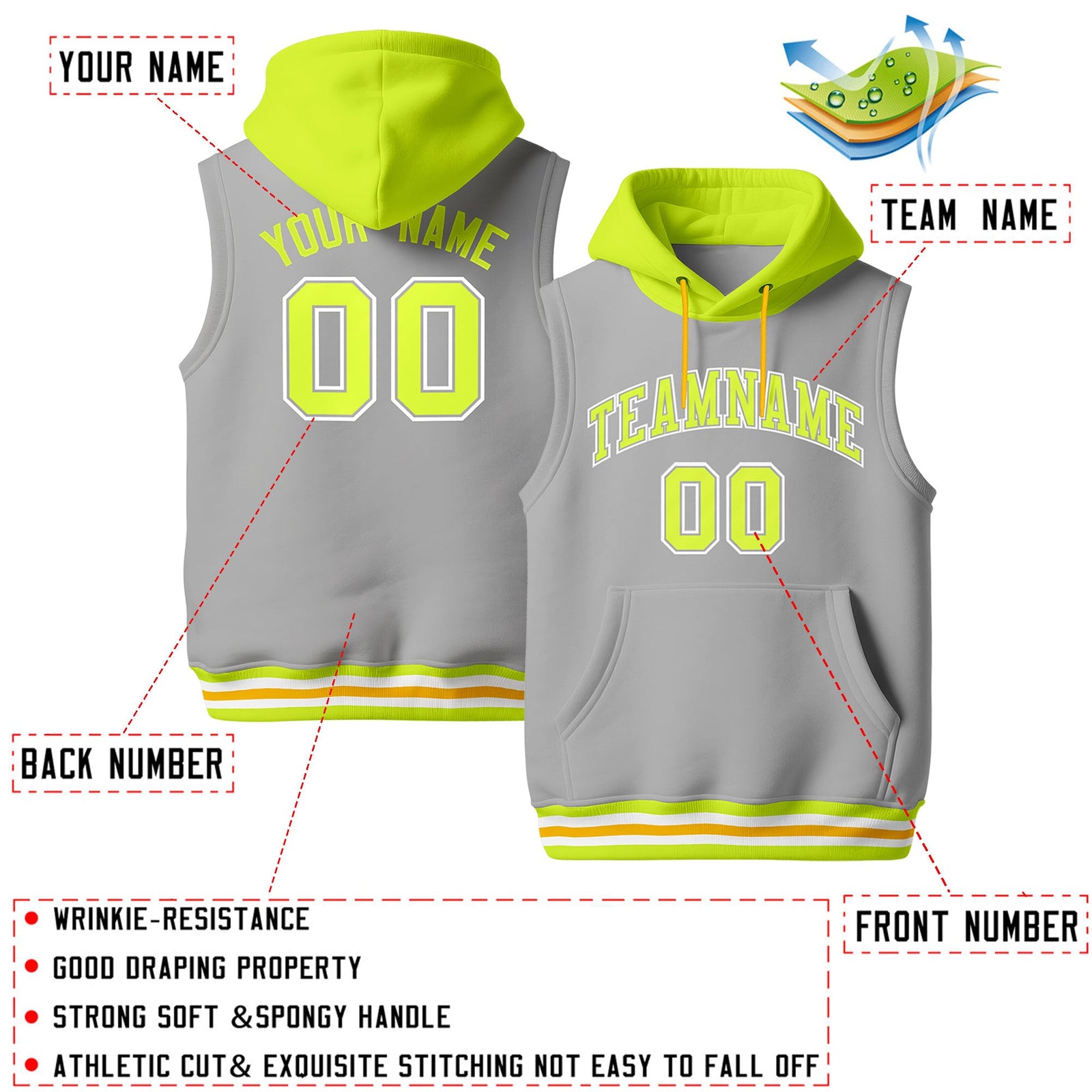 Custom Gray Fluorescent Green Neon Green sleeveless Classic style Hoodie| KXKSHOP