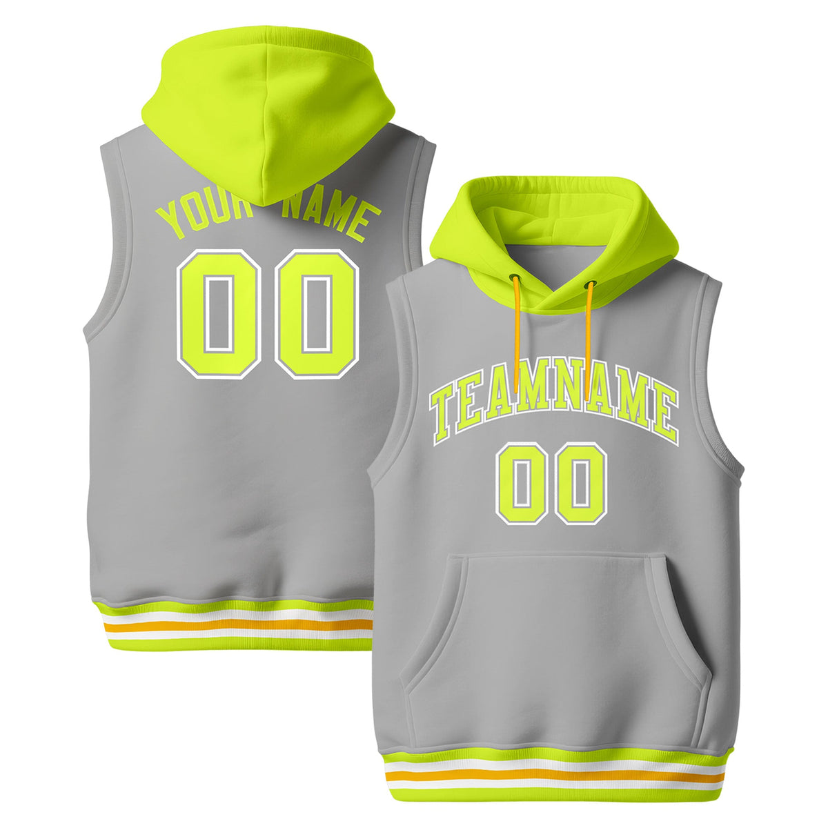 Custom Gray Fluorescent Green Neon Green sleeveless Classic style Hoodie| KXKSHOP