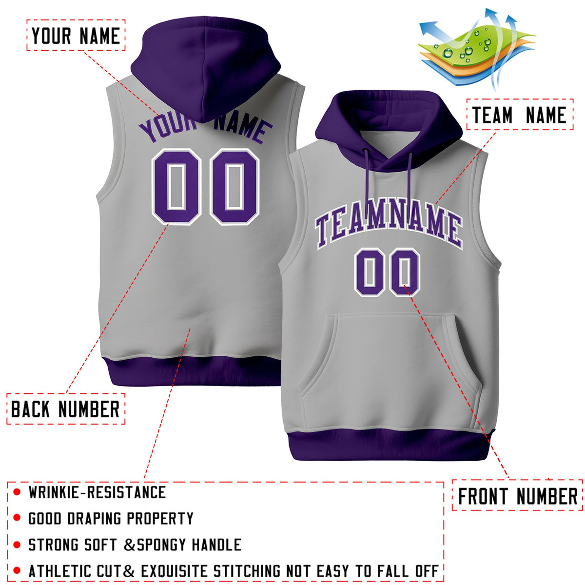 Custom Gray Purple White sleeveless Classic style Hoodie| KXKSHOP