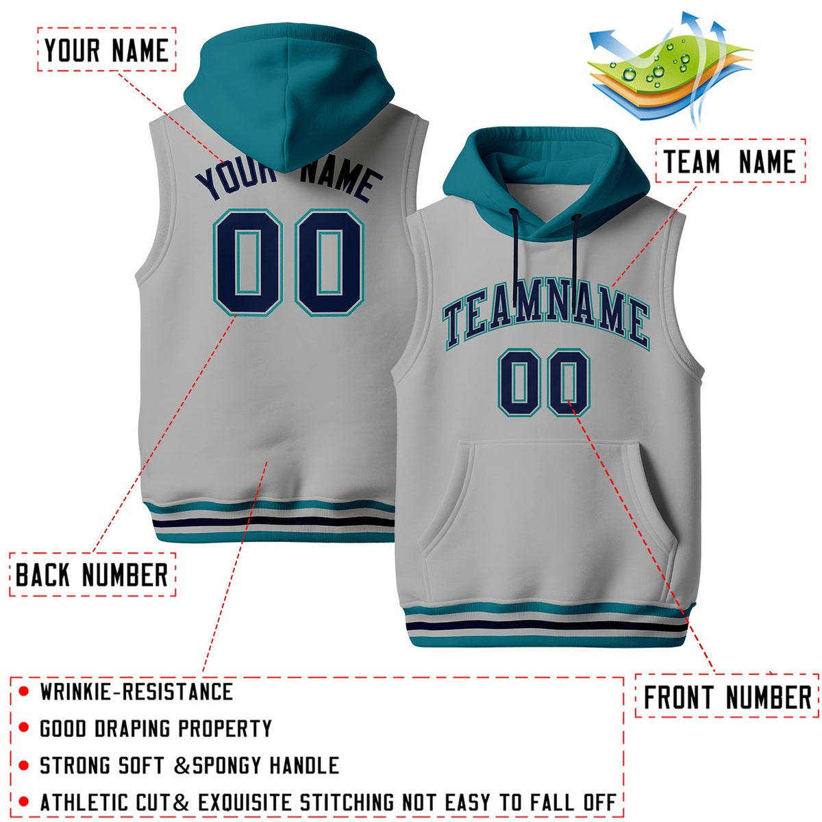 Custom Gray Teal Navy sleeveless Classic style Hoodie| KXKSHOP