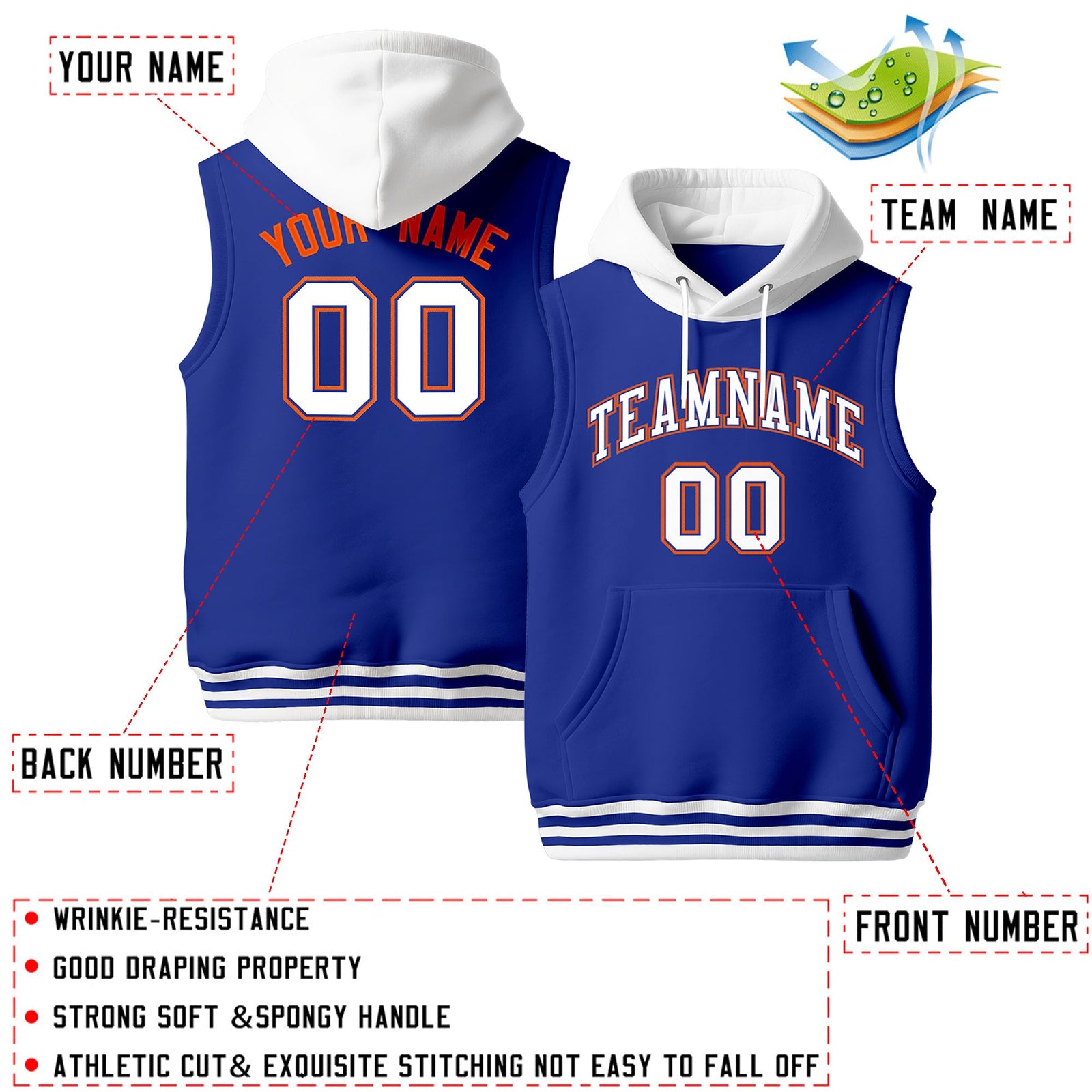Custom Royal Blue White Orange sleeveless Classic style Hoodie| KXKSHOP